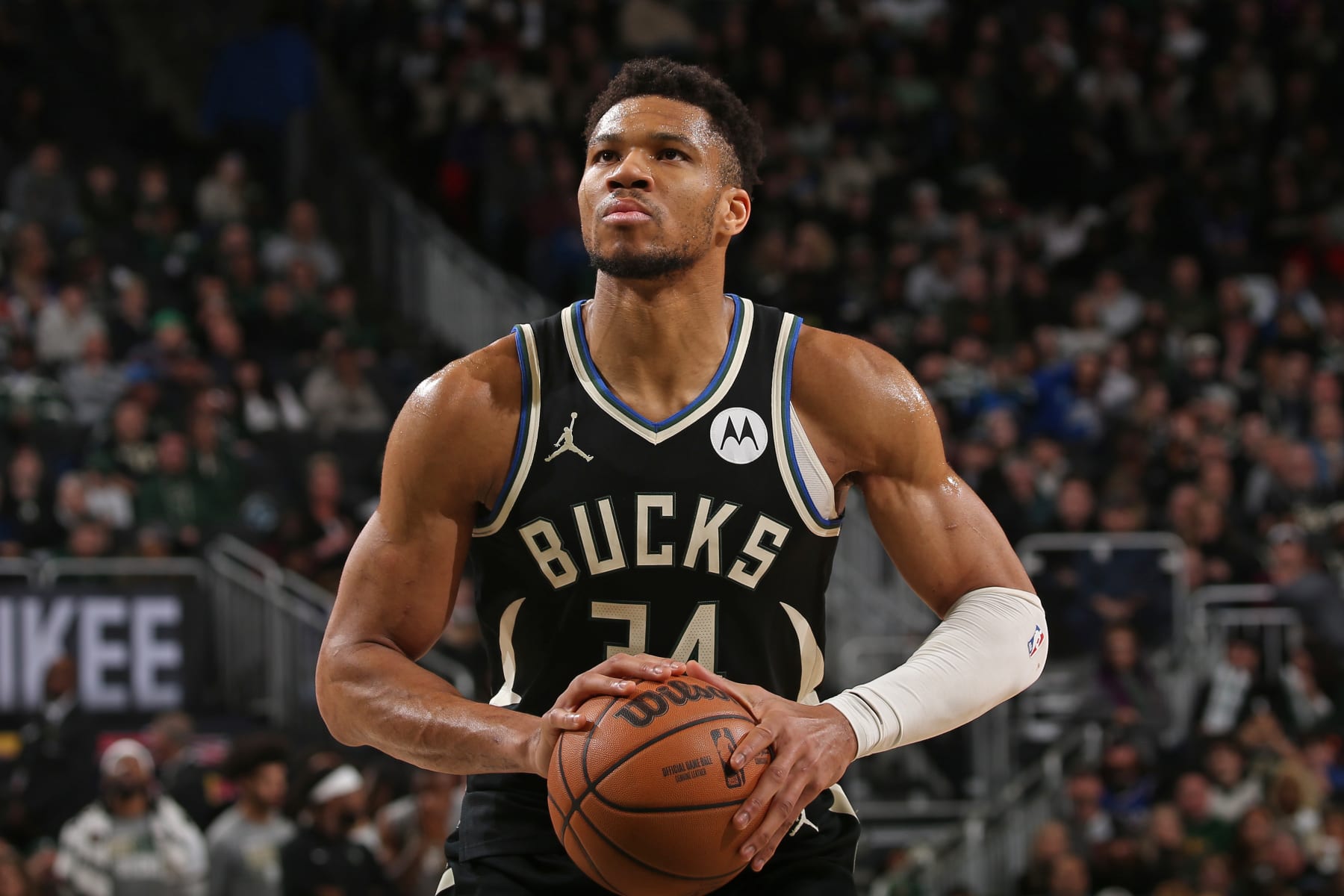 MILWAUKEE, WI - MARCH 14: Giannis Antetokounmpo #34 of the Milwaukee Bucks prepares to shoot a free throw during the game against the Philadelphia 76ers on March 14, 2024 at the Fiserv Forum Center in Milwaukee, Wisconsin. NOTE TO USER: User expressly acknowledges and agrees that, by downloading and or using this Photograph, user is consenting to the terms and conditions of the Getty Images License Agreement. Mandatory Copyright Notice: Copyright 2024 NBAE (Photo by Gary Dineen/NBAE via Getty Images).