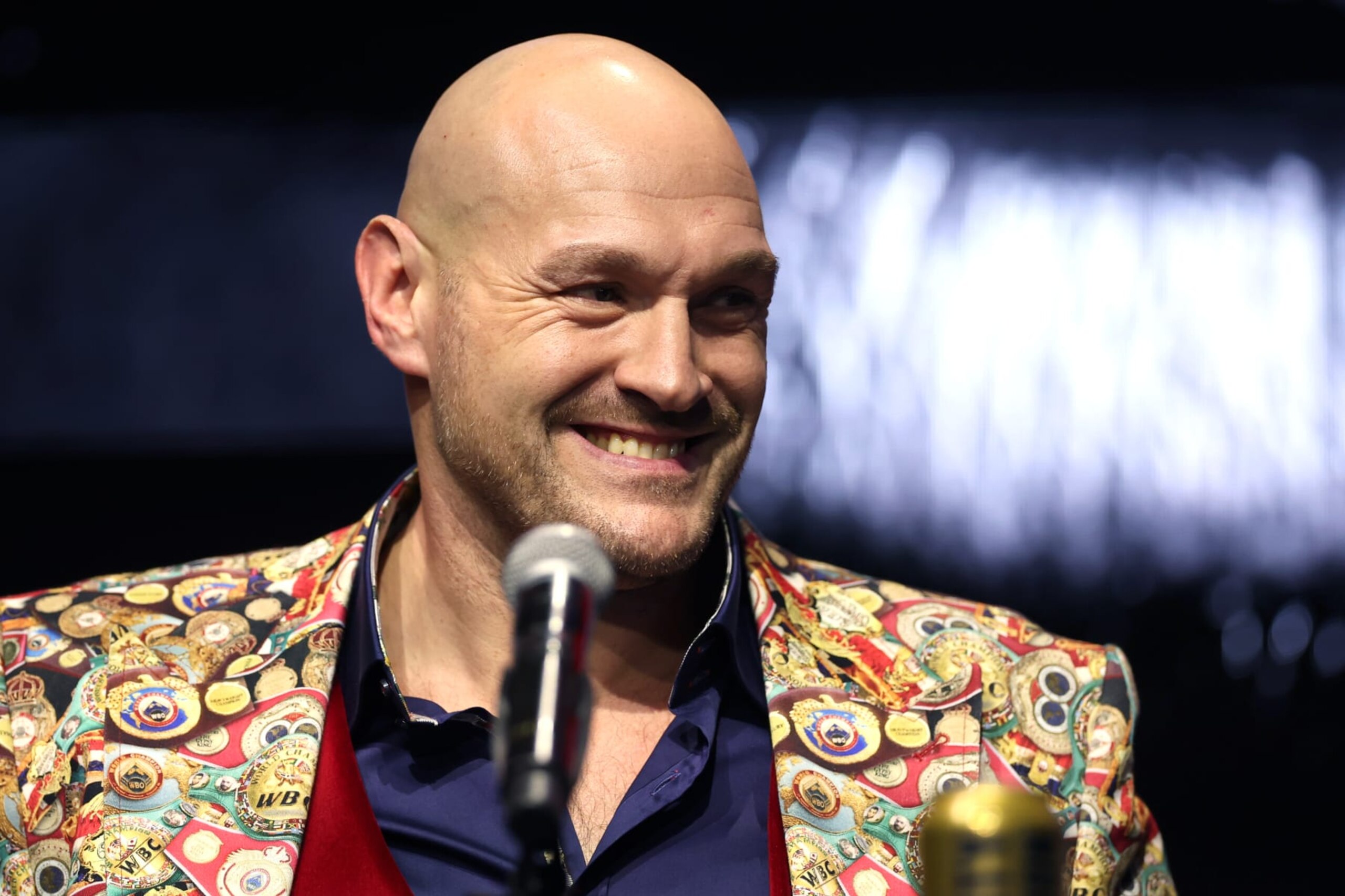 LONDON, ENGLAND - NOVEMBER 16: Tyson Fury reacts during the Tyson Fury v Oleksandr Usyk Press Conference at Outernet London on November 16, 2023 in London, England. (Photo by Alex Pantling/Getty Images)