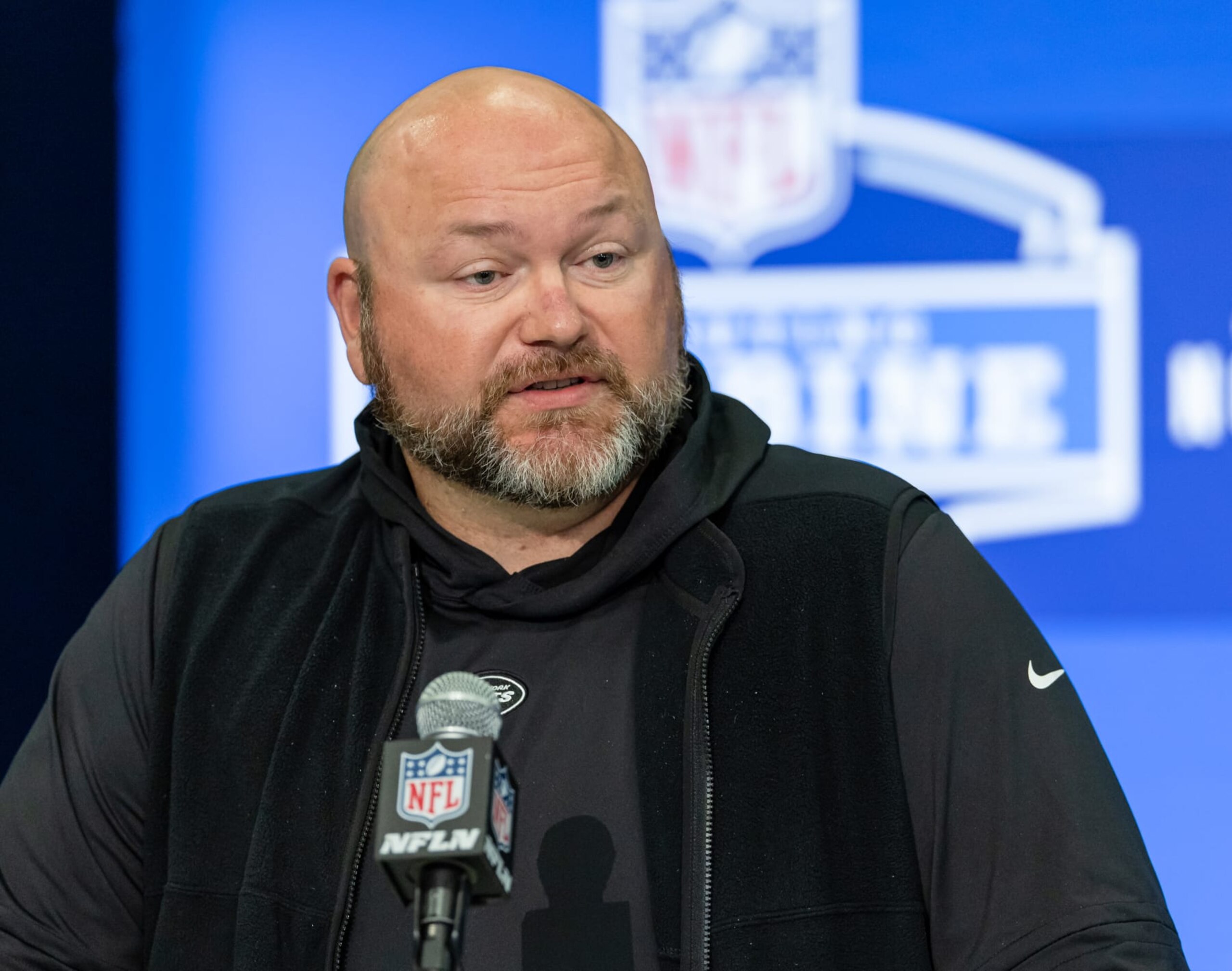 INDIANAPOLIS, INDIANA - FEBRUARY 28: General manager Joe Douglas of the New York Jets speaks to the media during the 2024 NFL Draft Combine at Lucas Oil Stadium on February 28, 2024 in Indianapolis, Indiana. (Photo by Michael Hickey/Getty Images)