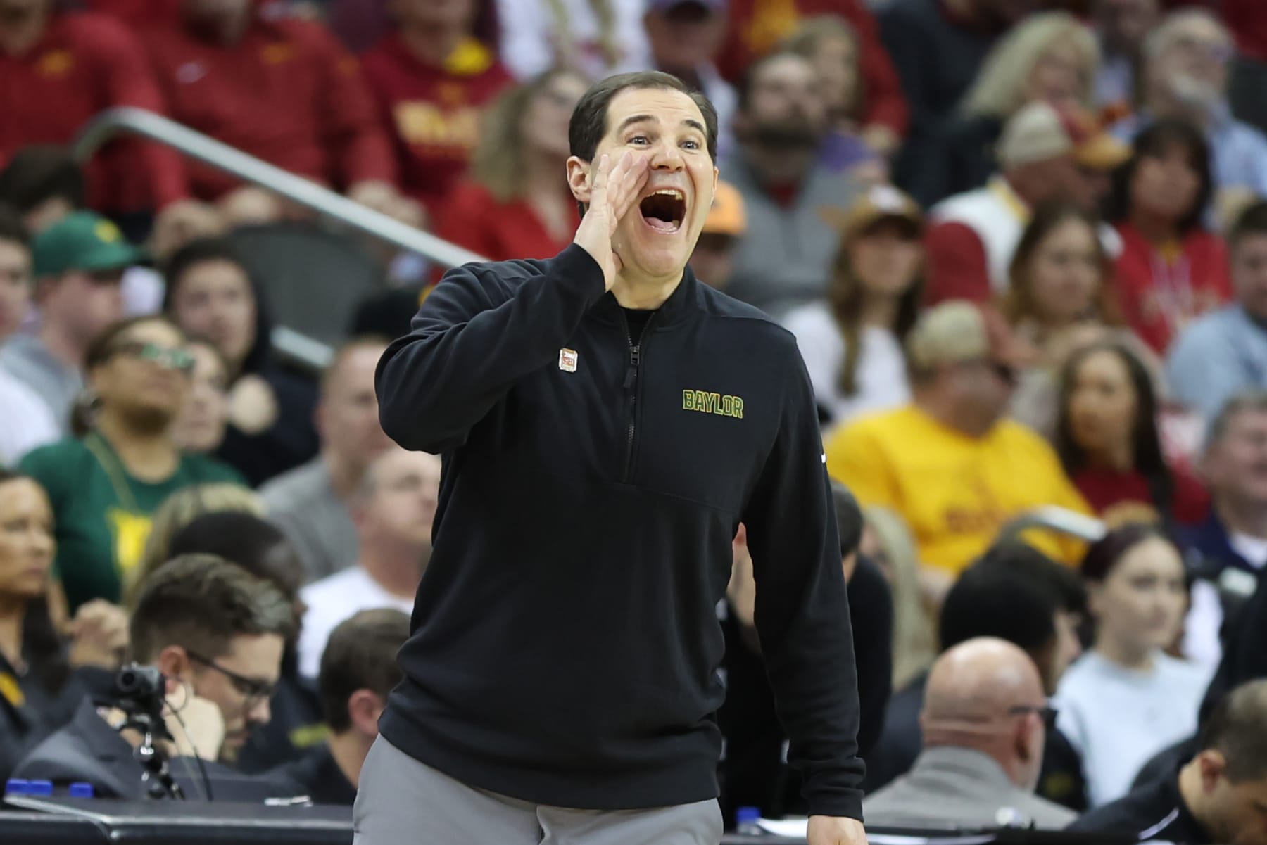 KANSAS CITY, MO - MARCH 15: Baylor Bears head coach Scott Drew yells from the sidelines in the first half of a Big 12 tournament semifinal game between the Baylor Bears and Iowa State Cyclones on Mar 15, 2024 at T-Mobile Center in Kansas City, MO. (Photo by Scott Winters/Icon Sportswire via Getty Images)