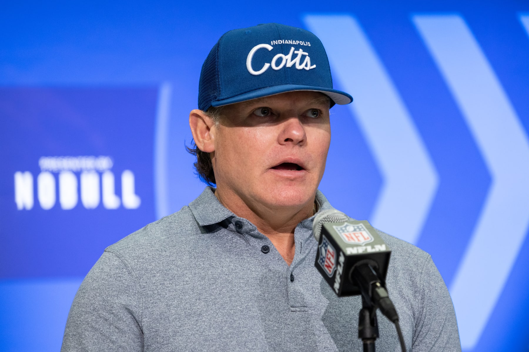 INDIANAPOLIS, INDIANA - FEBRUARY 28: General Manager Chris Ballard of the Indianapolis Colts speaks to the media during the NFL Combine at the Indiana Convention Center on February 28, 2024 in Indianapolis, Indiana.  (Photo by Kara Durrette/Getty Images)