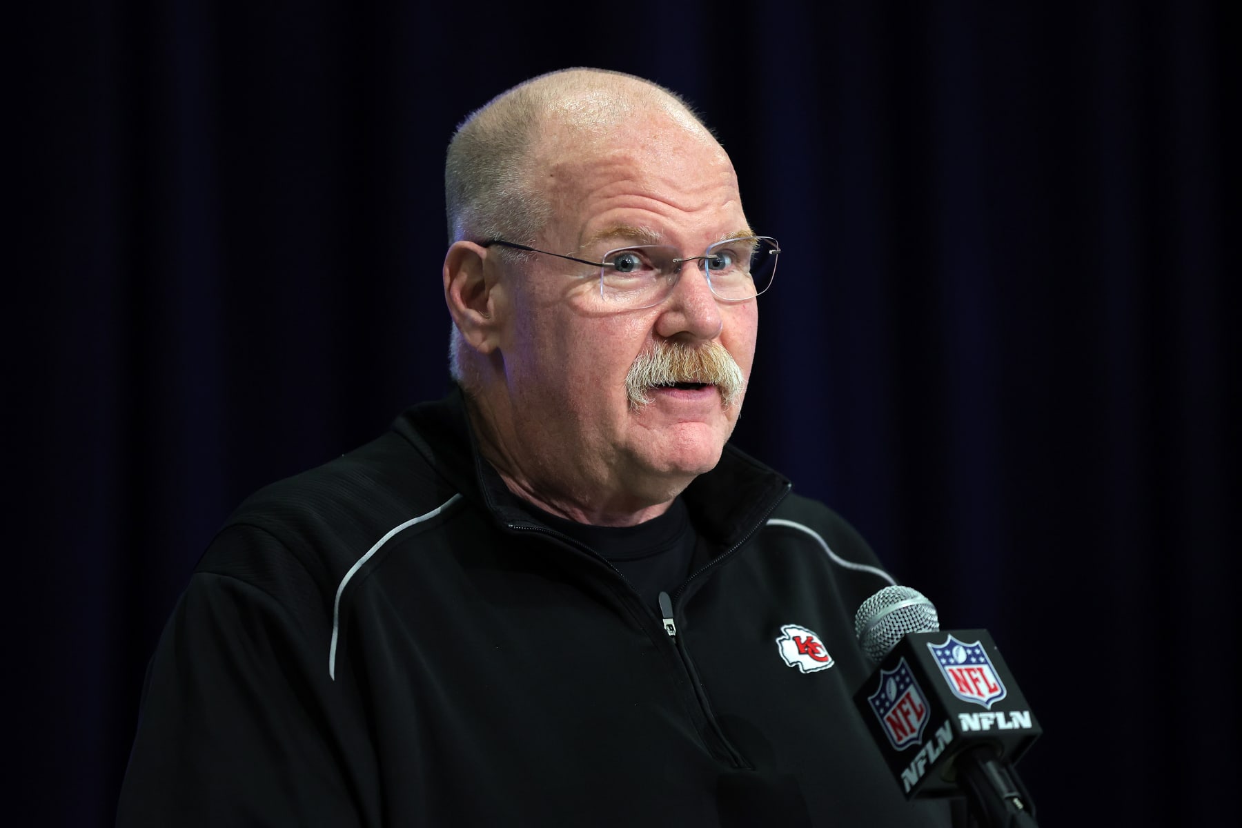 INDIANAPOLIS, INDIANA - FEBRUARY 27: Head coach Andy Reid of the Kansas City Chiefs speaks to the media during the NFL Combine at the Indiana Convention Center on February 27, 2024 in Indianapolis, Indiana. (Photo by Stacy Revere/Getty Images)