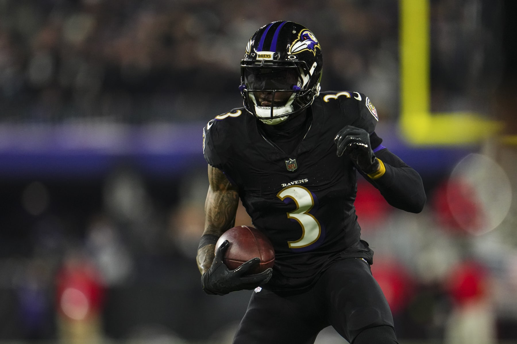 BALTIMORE, MD - NOVEMBER 16: Odell Beckham Jr. #3 of the Baltimore Ravens runs the ball during an NFL football game against the Cincinnati Bengals at M&T Bank Stadium on November 16, 2023 in Baltimore, Maryland. (Photo by Cooper Neill/Getty Images)