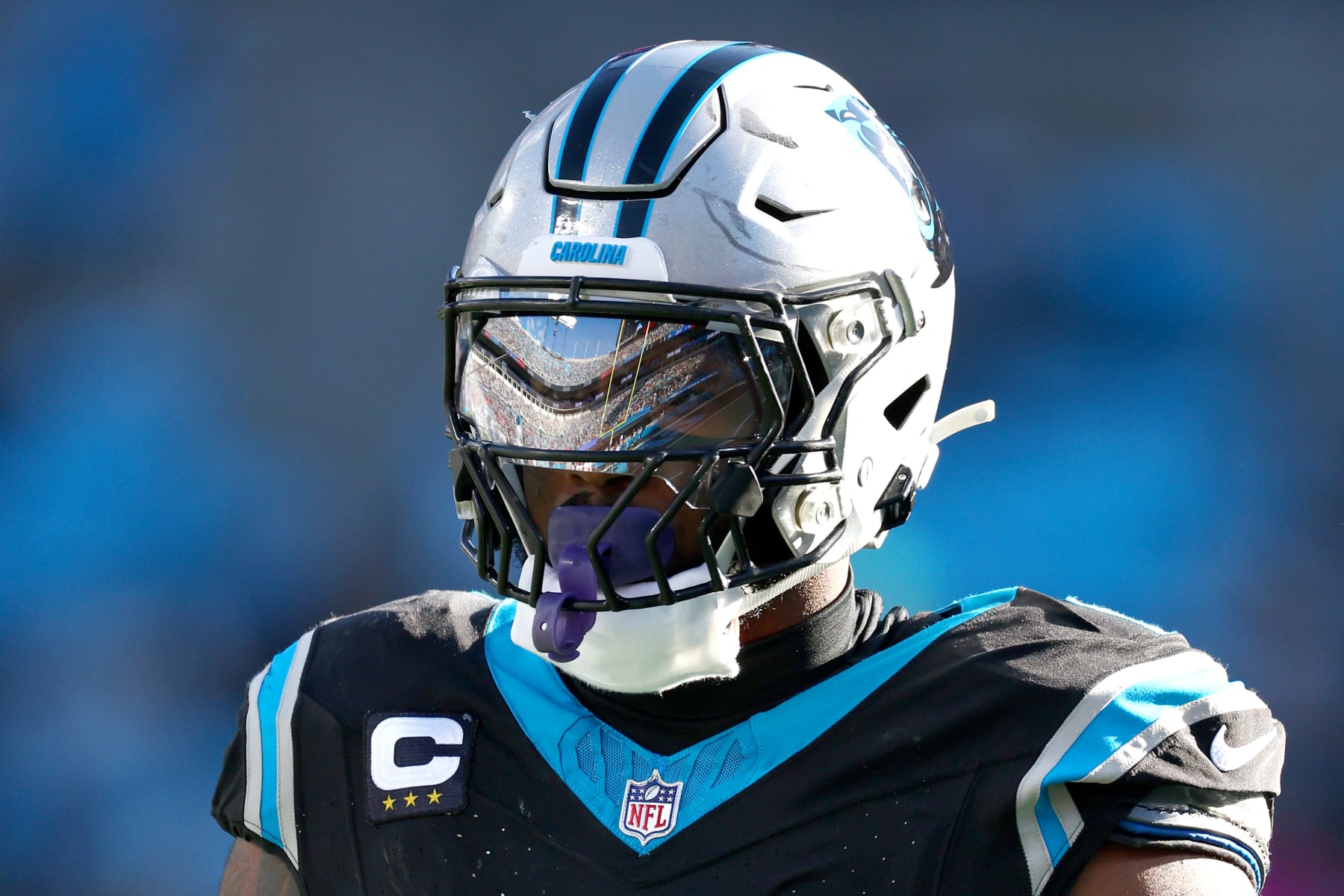 CHARLOTTE, NORTH CAROLINA - JANUARY 07: Brian Burns #0 of the Carolina Panthers looks on during the second half of the game against the Tampa Bay Buccaneers at Bank of America Stadium on January 07, 2024 in Charlotte, North Carolina. (Photo by Jared C. Tilton/Getty Images)