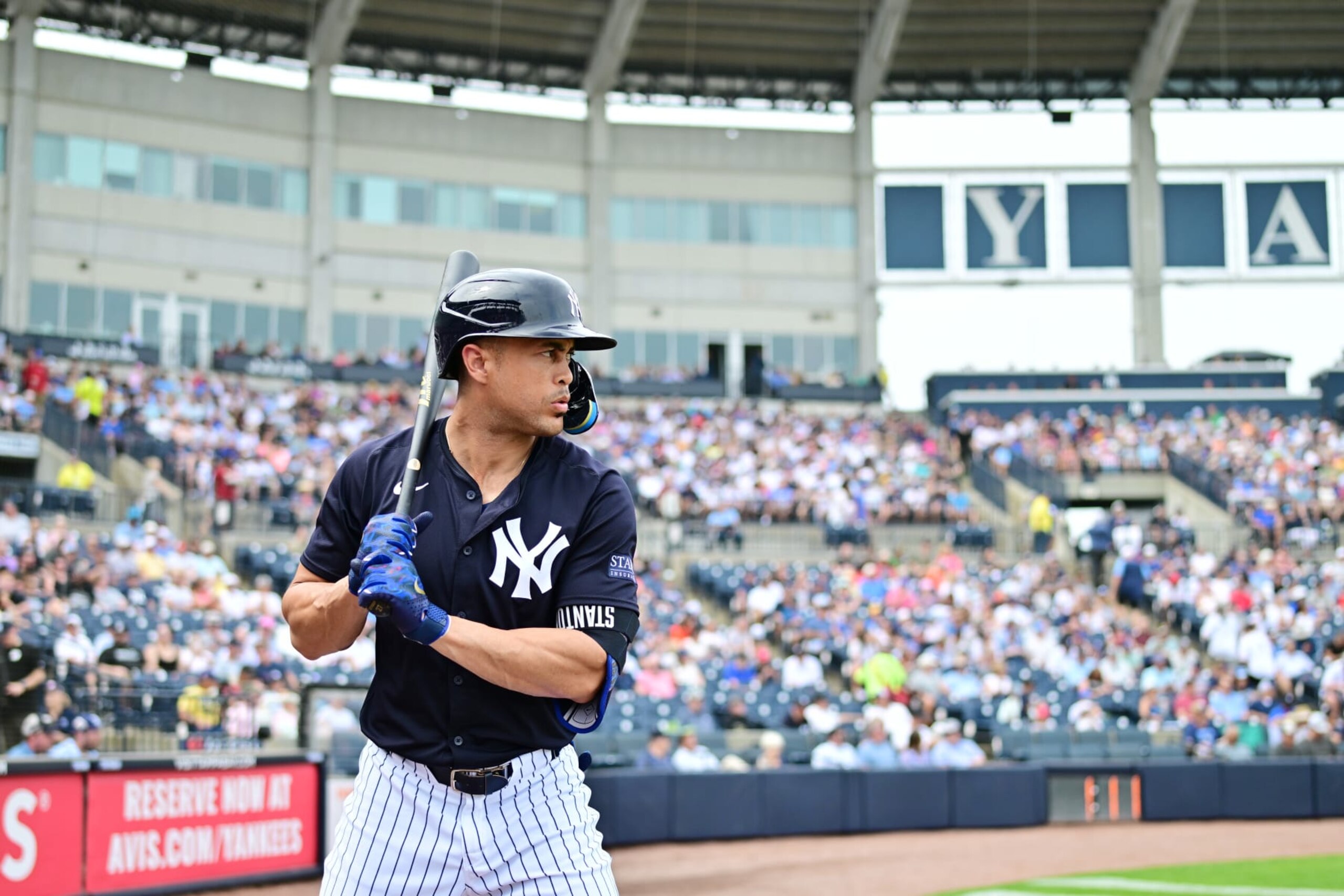TAMPA, FLORIDA - MARCH 06: Giancarlo Stanton #27 of the New York Yankees looks on during a 2024 Grapefruit League Spring Training game against the Tampa Bay Rays at George M. Steinbrenner Field on March 06, 2024 in Tampa, Florida. (Photo by Julio Aguilar/Getty Images)