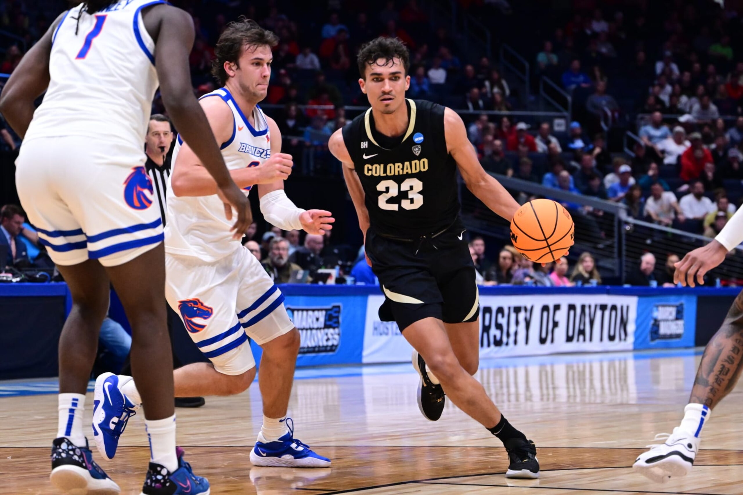 DAYTON, OHIO - MARCH 20: Tristan da Silva #23 of the Colorado Buffaloes drives to the basket as Tyson Degenhart #2 of the Boise State Broncos defends during the First Four round of the 2024 NCAA Men's Basketball Tournament held at University of Dayton Arena on March 20, 2024 in Dayton, Ohio. (Photo by Ben Solomon/NCAA Photos via Getty Images) DAYTON, OHIO - MARCH 20: Tristan da Silva #23 of the Colorado Buffaloes drives to the basket as Tyson Degenhart #2 of the Boise State Broncos defends during the First Four round of the 2024 NCAA Men's Basketball Tournament held at University of Dayton Arena on March 20, 2024 in Dayton, Ohio. (Photo by Ben Solomon/NCAA Photos via Getty Images)