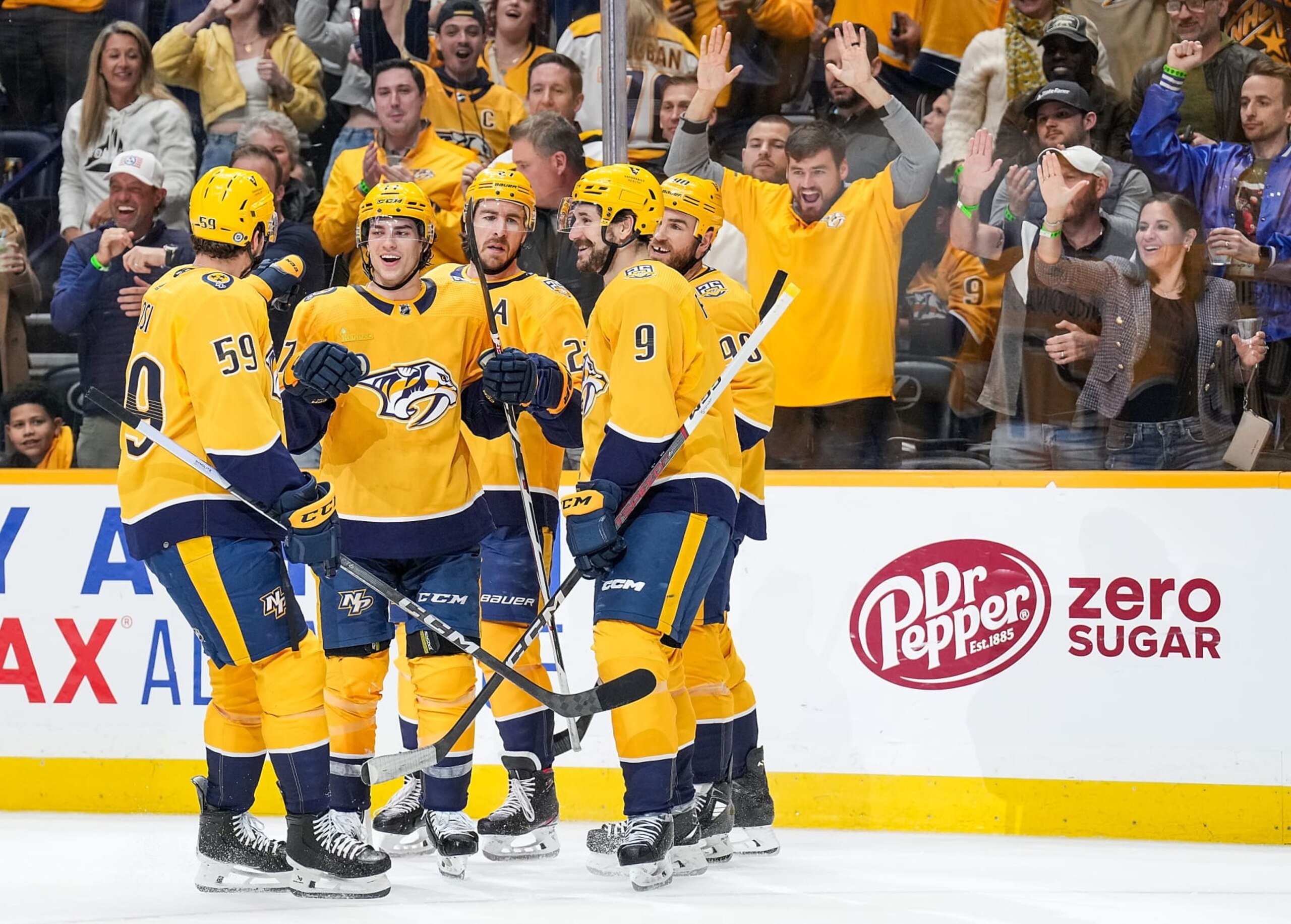NASHVILLE, TENNESSEE - MARCH 19: Luke Evangelista #77 of the Nashville Predators celebrates his goal against the San Jose Sharks during an NHL game at Bridgestone Arena on March 19, 2024 in Nashville, Tennessee. (Photo by John Russell/NHLI via Getty Images)