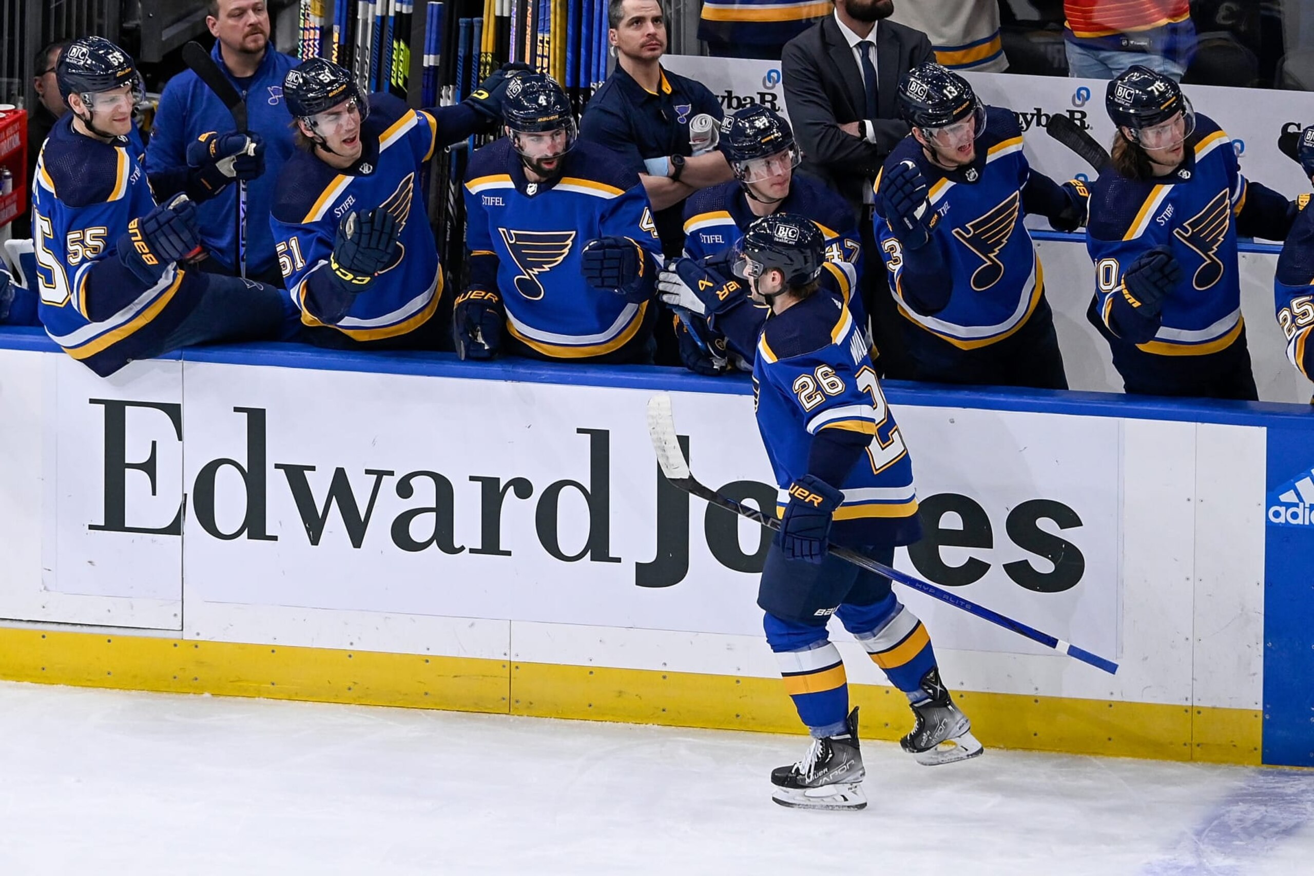 ST. LOUIS, MO - MARCH 19: Nathan Walker #26 of the St. Louis Blues is congratulated after scoring a goal against the St. Louis Blues on March 19, 2024 at the Enterprise Center in St. Louis, Missouri. (Photo by Alexis R. Knight/NHLI via Getty Images)