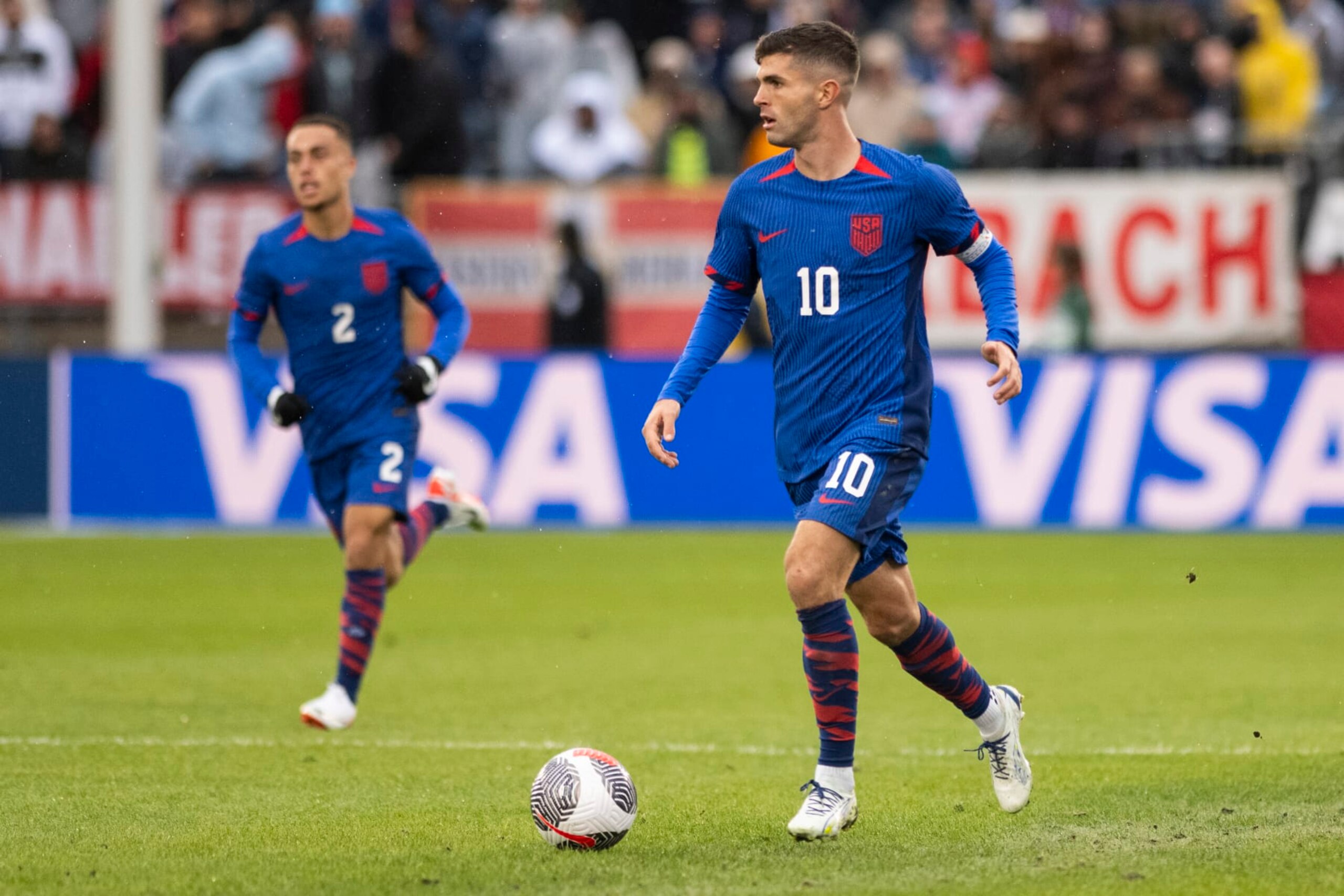 EAST HARTFORD, CONNECTICUT - OCTOBER 14: Christian Pulisic #10 of the United States controls the ball during the international friendly match against Germany at Pratt & Whitney Stadium on October 14, 2023 in East Hartford, Connecticut. (Photo by Mike Lawrence/ISI Photos/USSF/Getty Images for USSF)