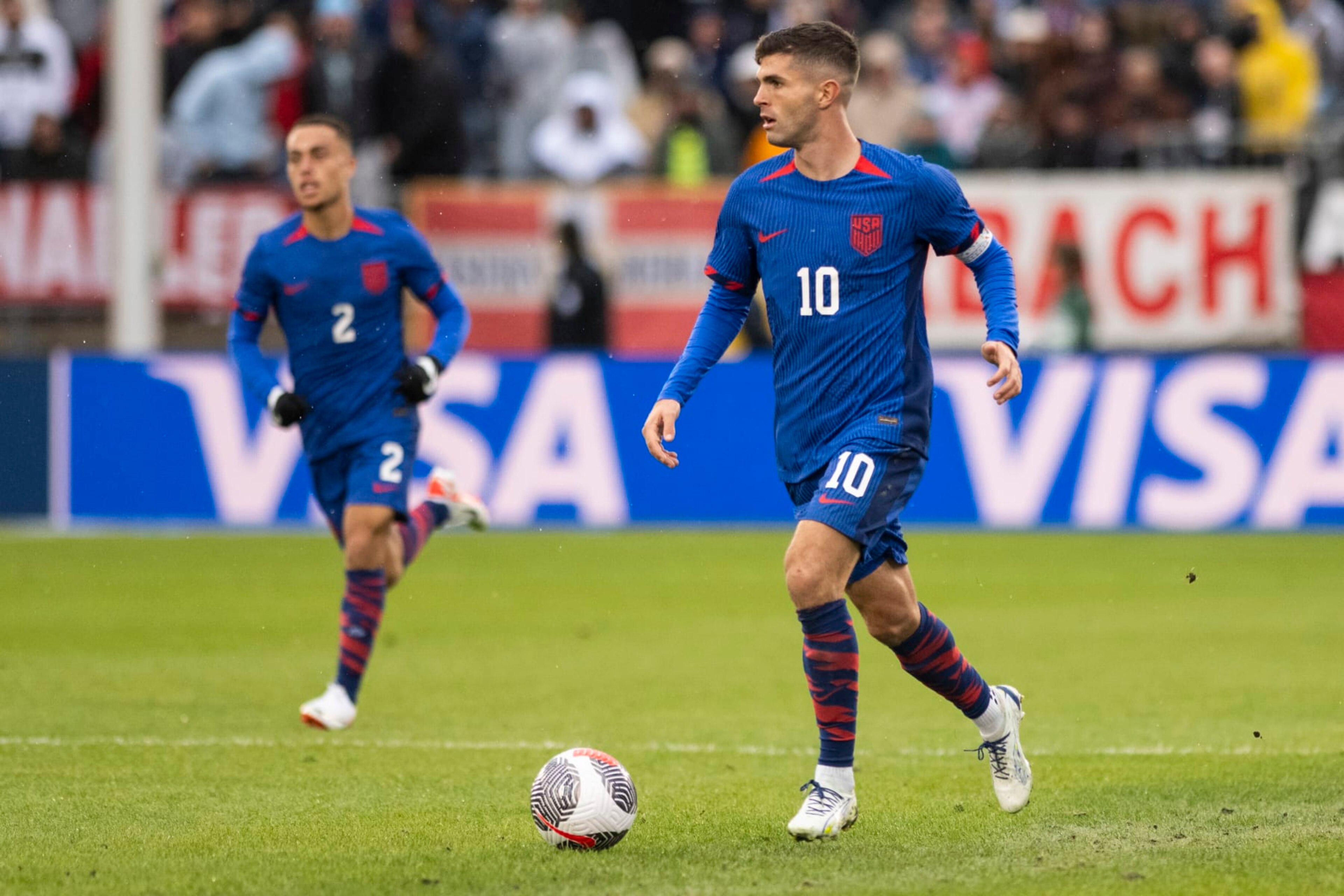 EAST HARTFORD, CONNECTICUT - OCTOBER 14: Christian Pulisic #10 of the United States controls the ball during the international friendly match against Germany at Pratt & Whitney Stadium on October 14, 2023 in East Hartford, Connecticut. (Photo by Mike Lawrence/ISI Photos/USSF/Getty Images for USSF)