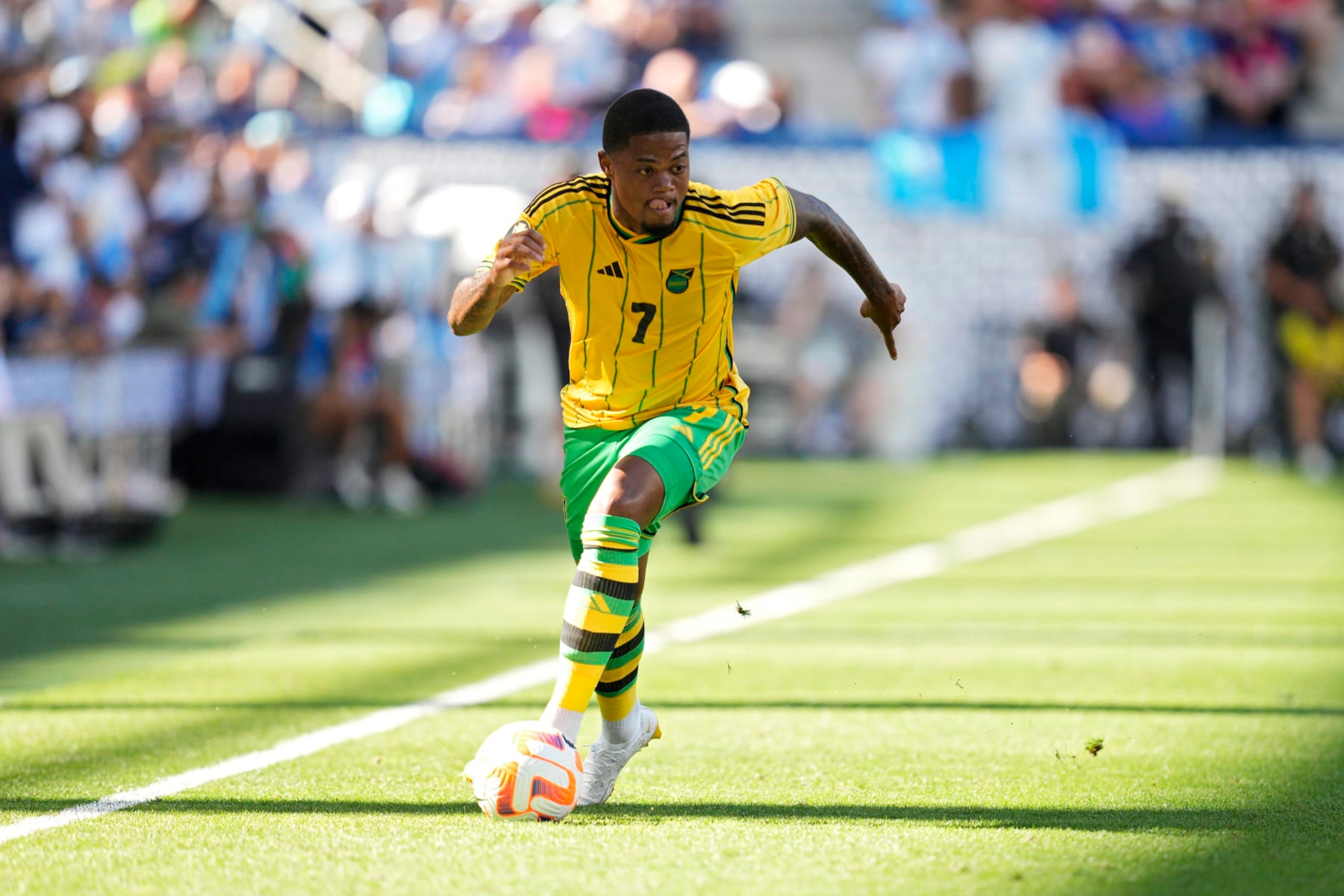 CINCINNATI, OHIO - JULY 09: Leon Bailey #7 of Jamaica controls the ball during the first half of a CONCACAF Gold Cup Quarterfinal match against Guatemala at TQL Stadium on July 09, 2023 in Cincinnati, Ohio. (Photo by Jeff Dean/Getty Images)