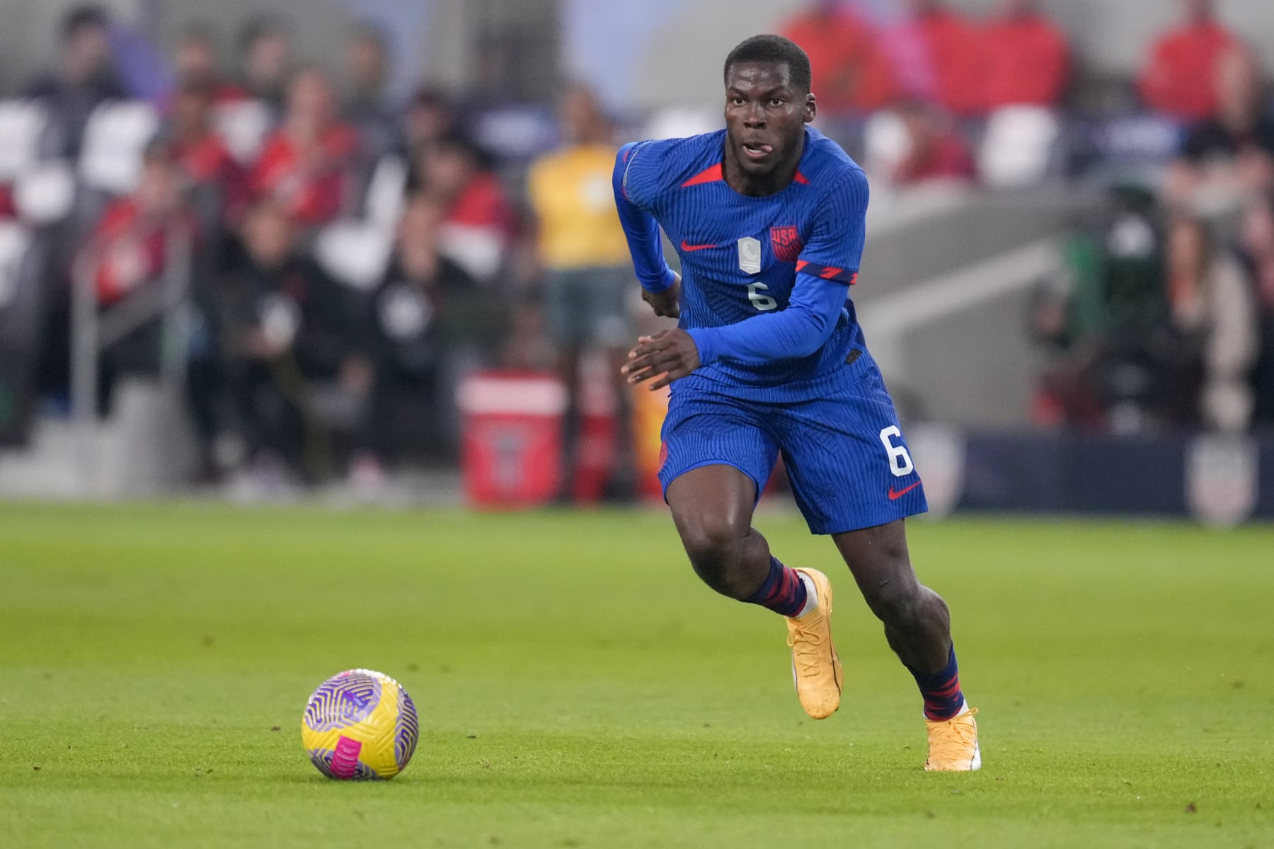 AUSTIN, TX - NOVEMBER 16: Yunus Musah #6 of the United States dribbles towards the box during a Concacaf Nations League game between Trinidad and Tobago and USMNT at Q2 Stadium on November 16, 2023 in Austin, Texas. (Photo by Robin Alam/ISI Photos/Getty Images)