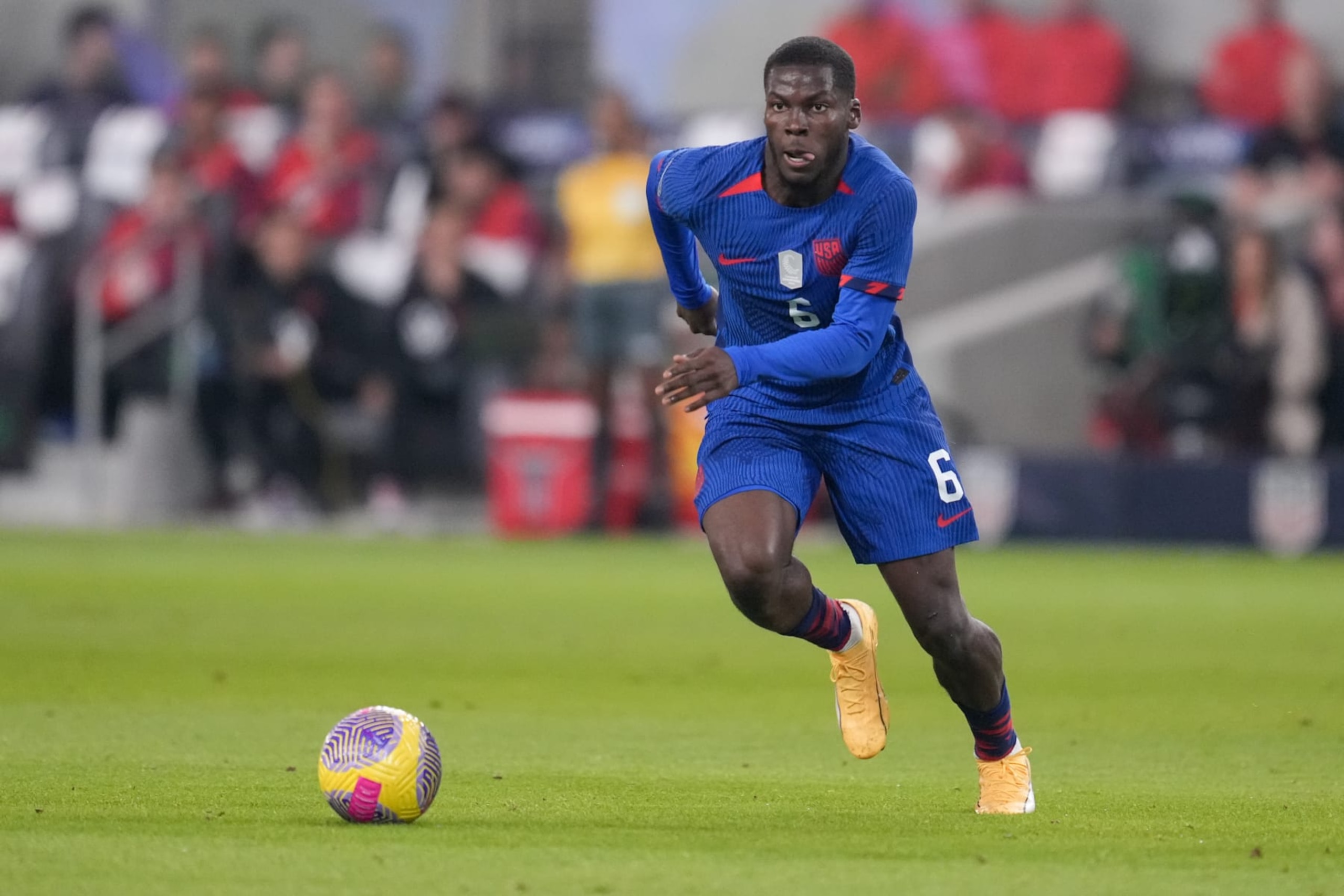 AUSTIN, TX - NOVEMBER 16: Yunus Musah #6 of the United States dribbles towards the box during a Concacaf Nations League game between Trinidad and Tobago and USMNT at Q2 Stadium on November 16, 2023 in Austin, Texas. (Photo by Robin Alam/ISI Photos/Getty Images)