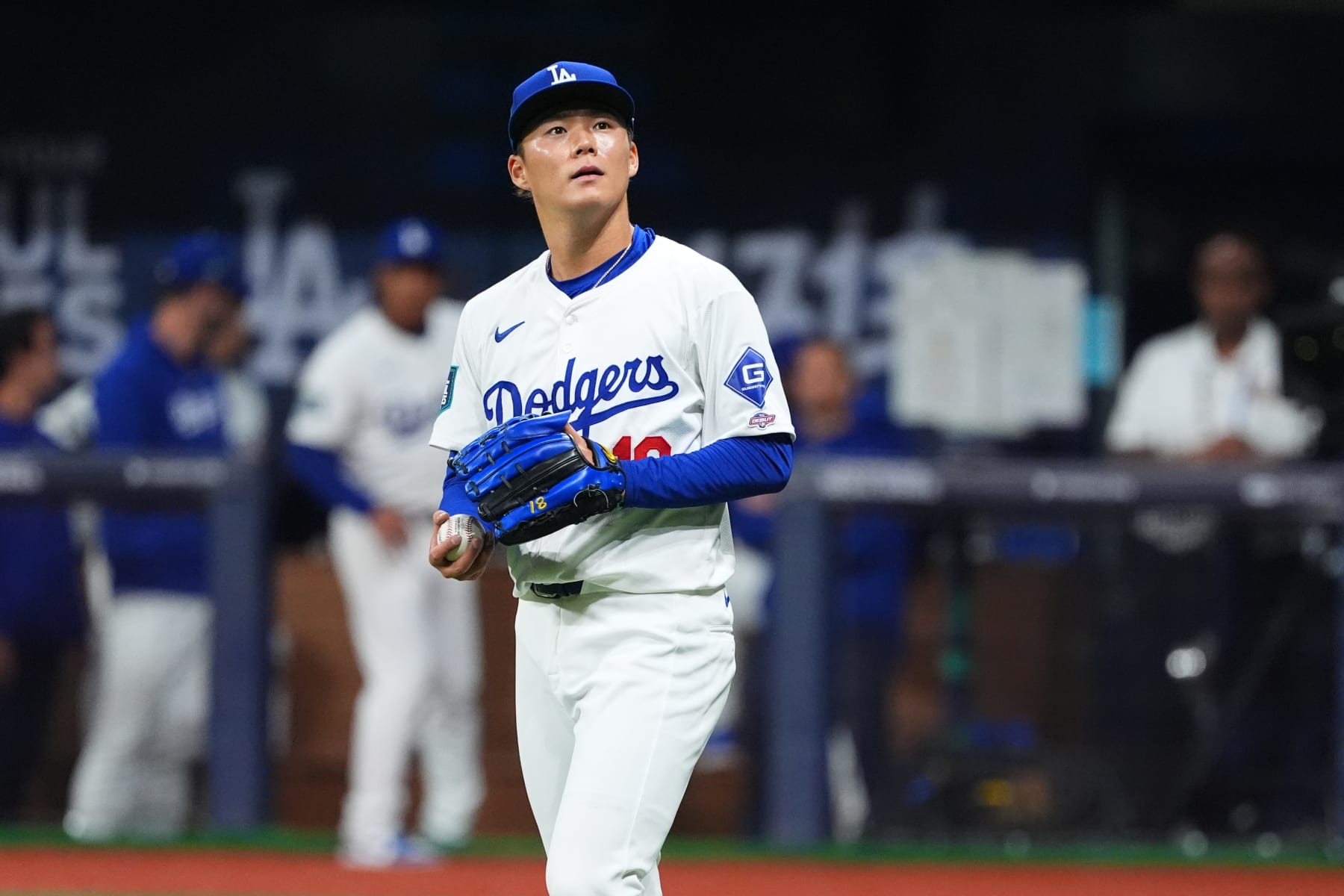 SEOUL, SOUTH KOREA - MARCH 21: Yoshinobu Yamamoto #18 of the Los Angeles Dodgers reacts after allowing Luis Campusano #12 of the San Diego Padres a RBI double in the 1st inning during the 2024 Seoul Series game between San Diego Padres and Los Angeles Dodgers at Gocheok Sky Dome on March 21, 2024 in Seoul, South Korea. (Photo by Masterpress/Getty Images)