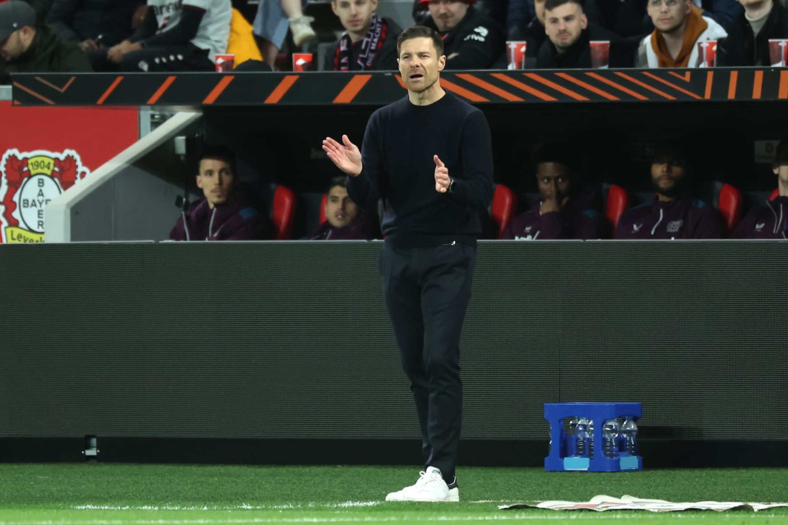LEVERKUSEN, GERMANY - MARCH 14: Head coach Xabi Alonso of Leverkusen reacts during the UEFA Europa League 2023/24 round of 16 second leg match between Bayer 04 Leverkusen and Qarabag FK at BayArena on March 14, 2024 in Leverkusen, Germany. (Photo by Alex Grimm/Getty Images)