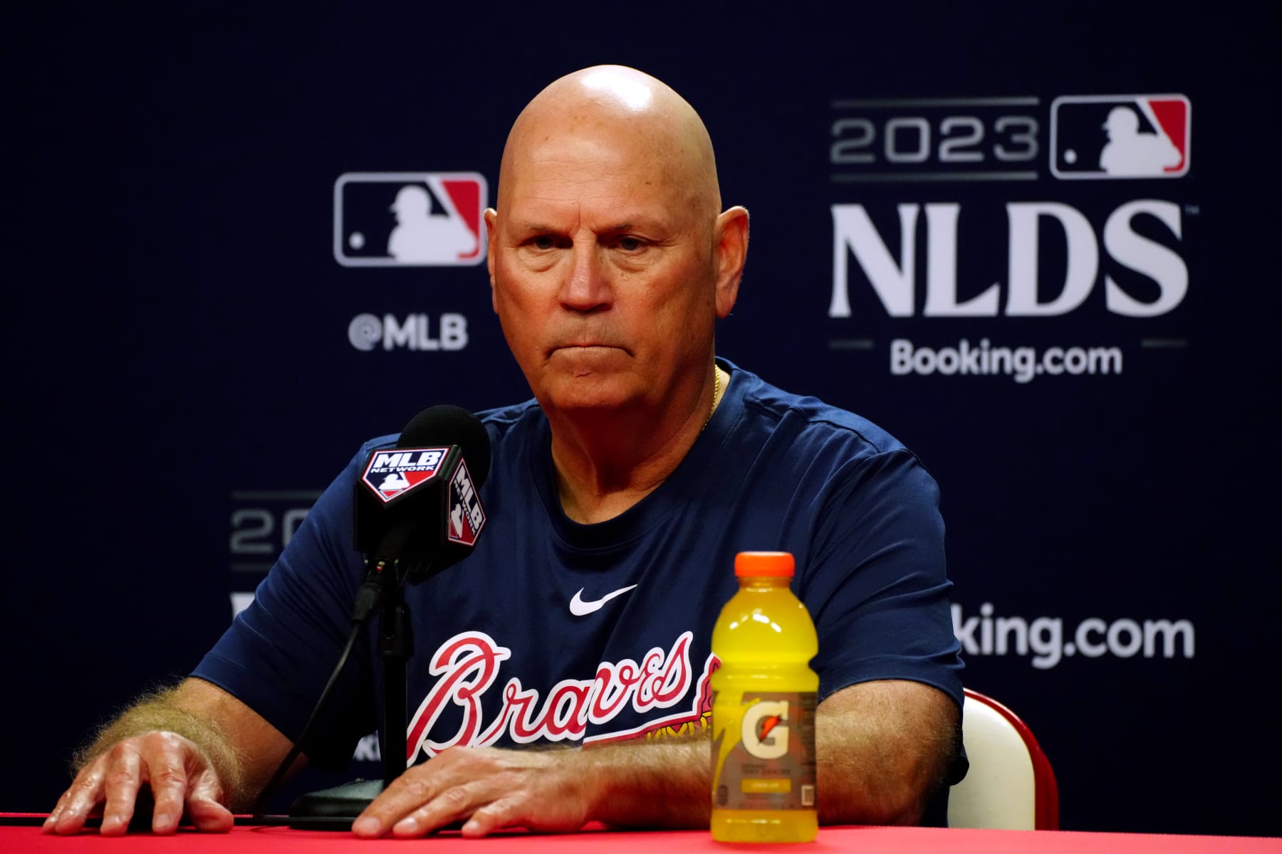 PHILADELPHIA, PA - OCTOBER 11:  Manager Brian Snitker #43 of the Atlanta Braves talks to the media prior to Game 3 of the Division Series between the Atlanta Braves and the Philadelphia Phillies at Citizens Bank Park on Wednesday, October 11, 2023 in Philadelphia, Pennsylvania. (Photo by Mary DeCicco/MLB Photos via Getty Images)