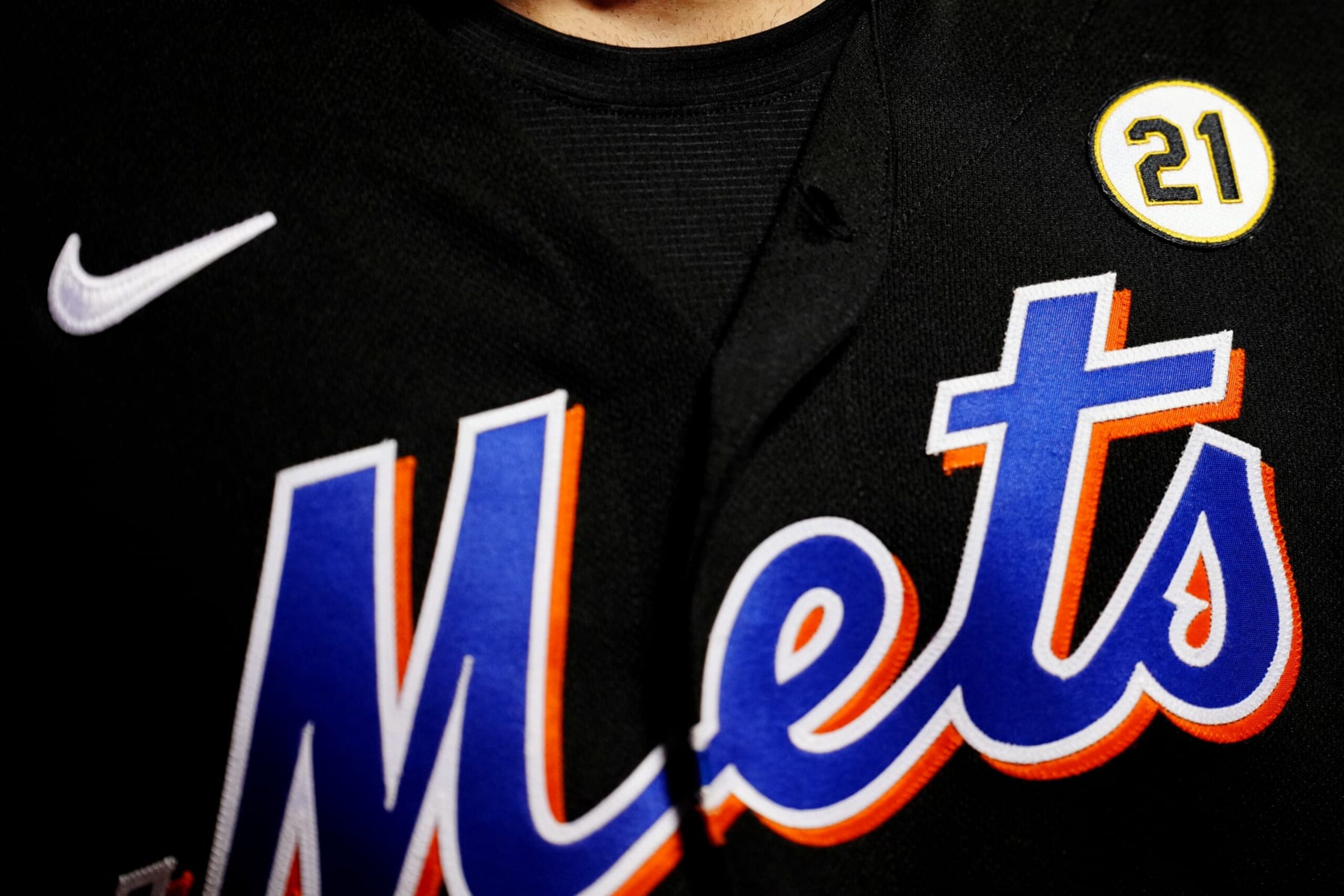 NEW YORK, NY - SEPTEMBER 15:  A detail shot of the Roberto Clemente Day patch on the jersey of a New York Mets player during the game between the Cincinnati Reds and the New York Mets at Citi Field on Friday, September 15, 2023 in New York, New York. (Photo by Mary DeCicco/MLB Photos via Getty Images)
