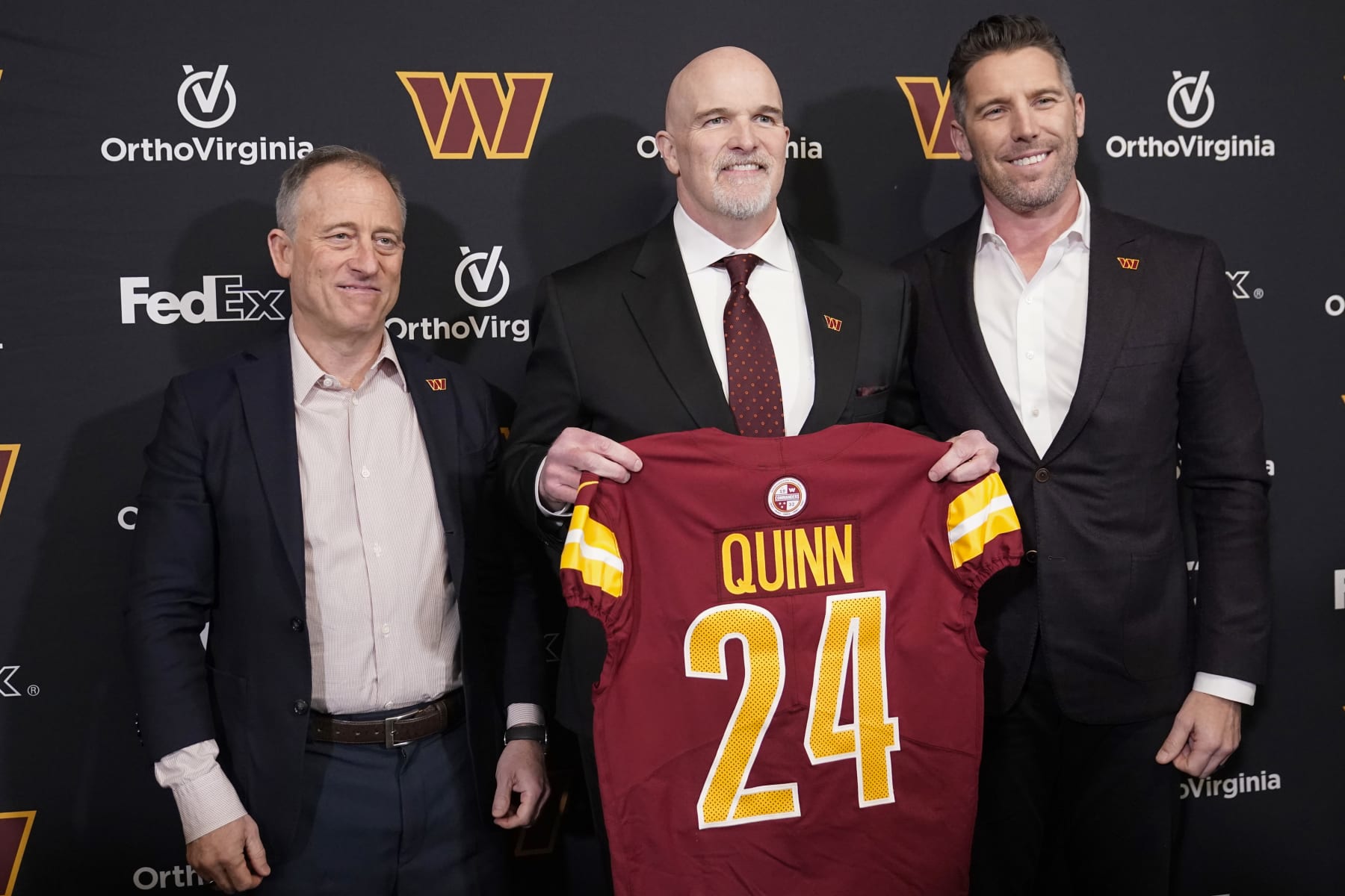 Washington Commanders managing partner Josh Harris, head coach Dan Quinn and GM Adam Peters