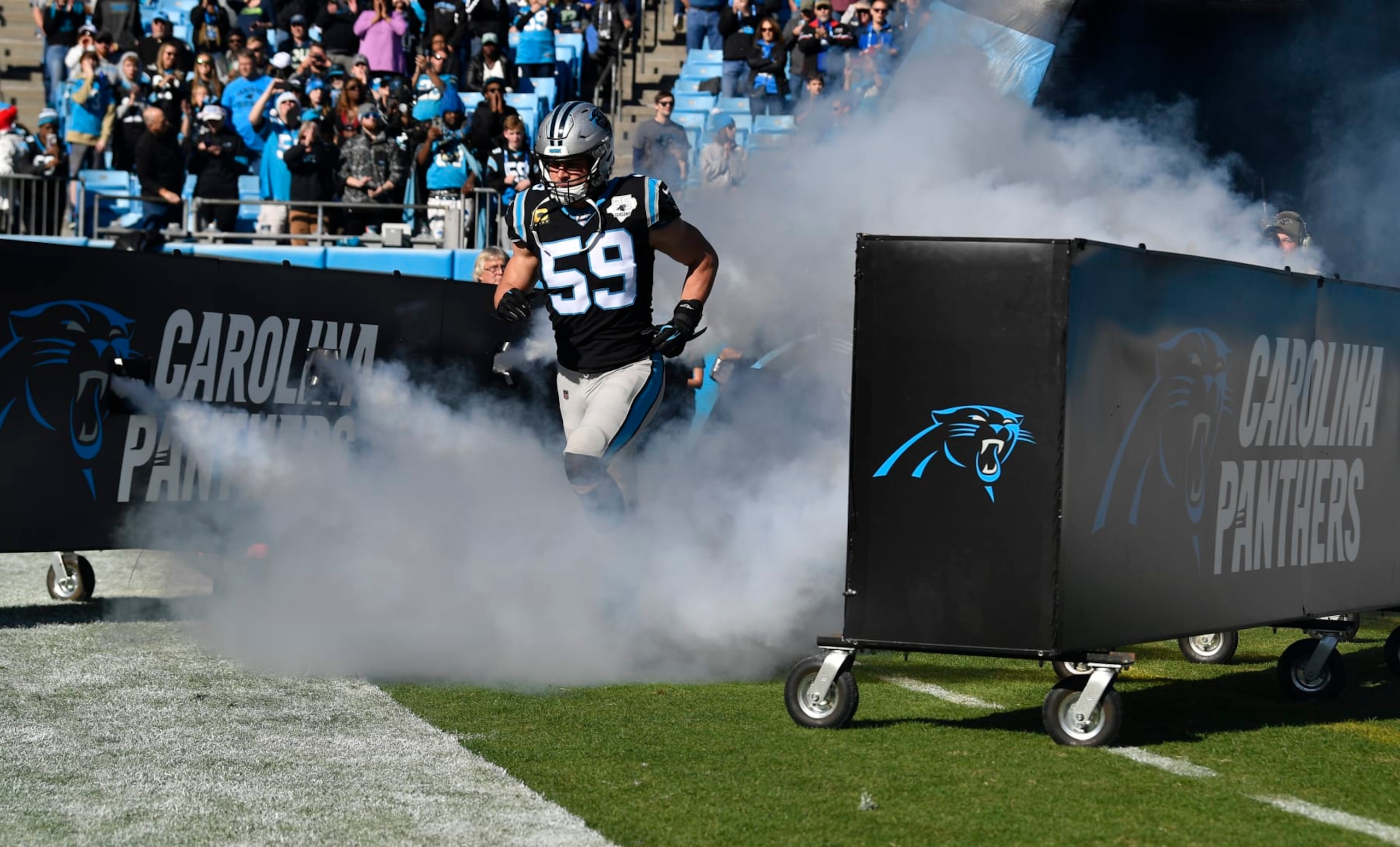 CHARLOTTE, NORTH CAROLINA - DECEMBER 15: Carolina Panthers middle linebacker Luke Kuechly #59 takes to the field against Seattle Seahawks in the game at Bank of America Stadium on December 15, 2019 in Charlotte, North Carolina. (Photo by Grant Halverson/Getty Images) CHARLOTTE, NORTH CAROLINA - DECEMBER 15: Carolina Panthers middle linebacker Luke Kuechly #59 takes to the field against Seattle Seahawks in the game at Bank of America Stadium on December 15, 2019 in Charlotte, North Carolina. (Photo by Grant Halverson/Getty Images)