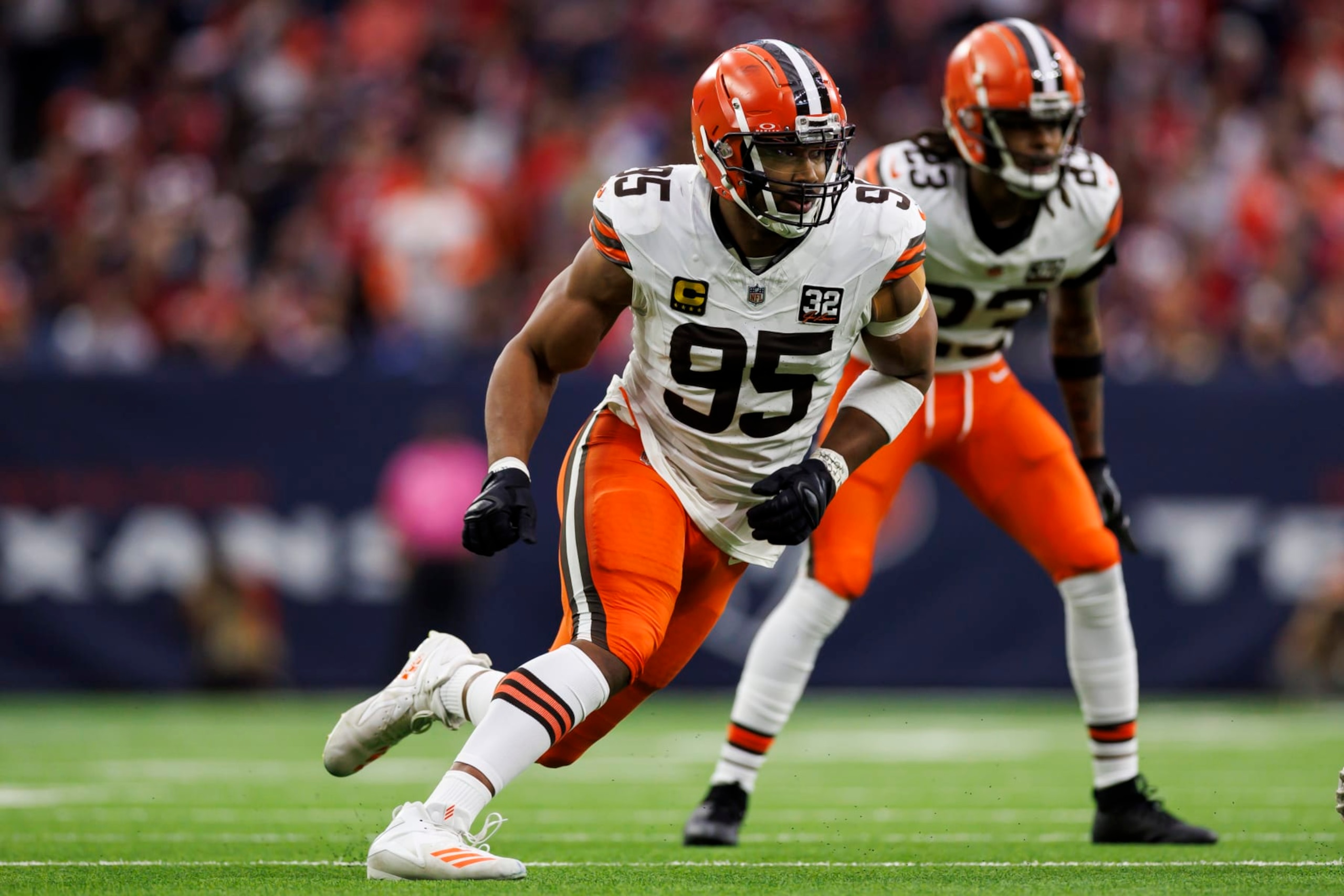 HOUSTON, TEXAS - JANUARY 13: Myles Garrett #95 of the Cleveland Browns runs around the edge during an AFC wild-card playoff football game against the Houston Texans at NRG Stadium on January 13, 2024 in Houston, Texas. (Photo by Ryan Kang/Getty Images) HOUSTON, TEXAS - JANUARY 13: Myles Garrett #95 of the Cleveland Browns runs around the edge during an AFC wild-card playoff football game against the Houston Texans at NRG Stadium on January 13, 2024 in Houston, Texas. (Photo by Ryan Kang/Getty Images)