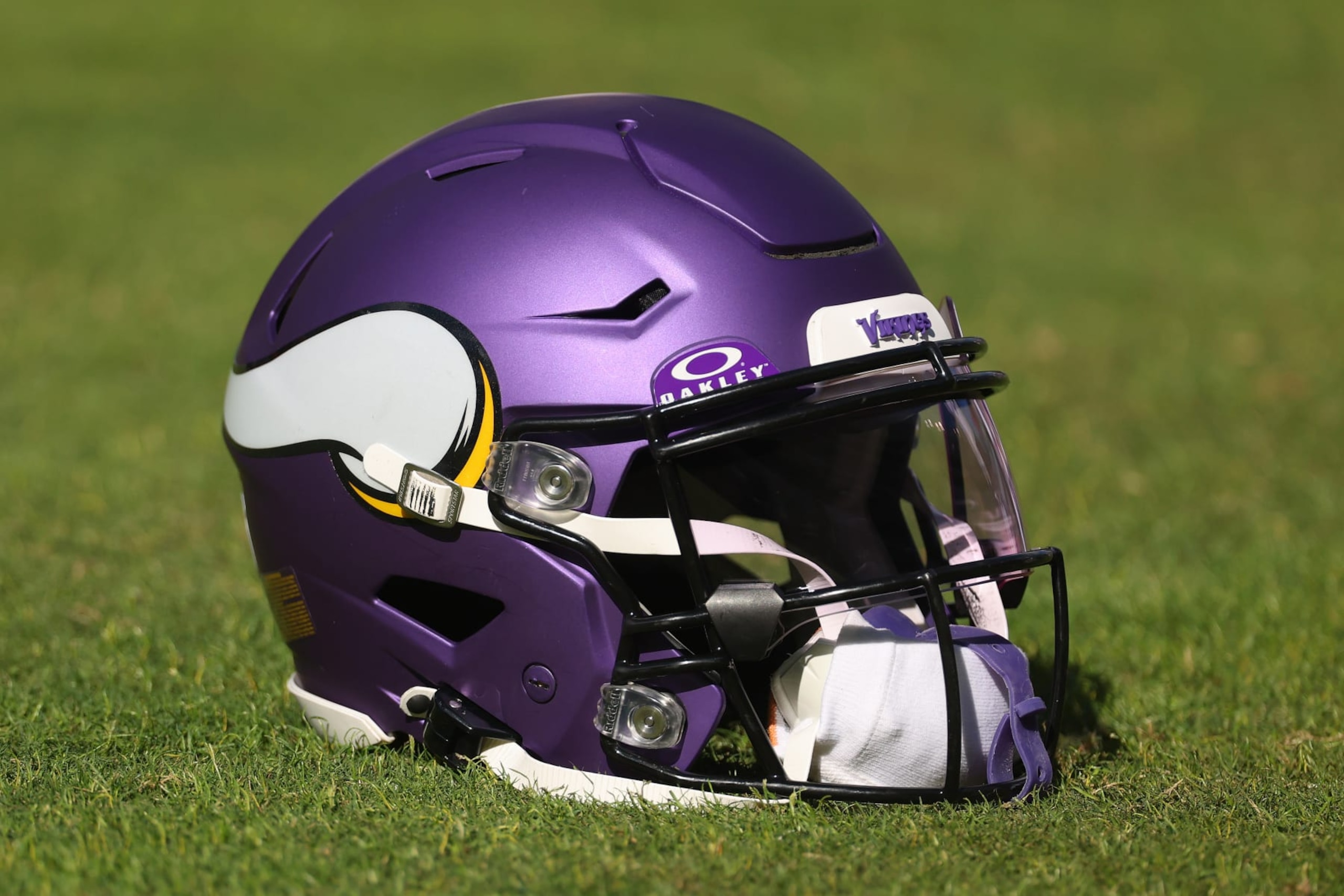 CHICAGO, ILLINOIS - OCTOBER 15: A detail of a Minnesota Vikings helmet prior to the game against the Chicago Bears at Soldier Field on October 15, 2023 in Chicago, Illinois. (Photo by Michael Reaves/Getty Images)