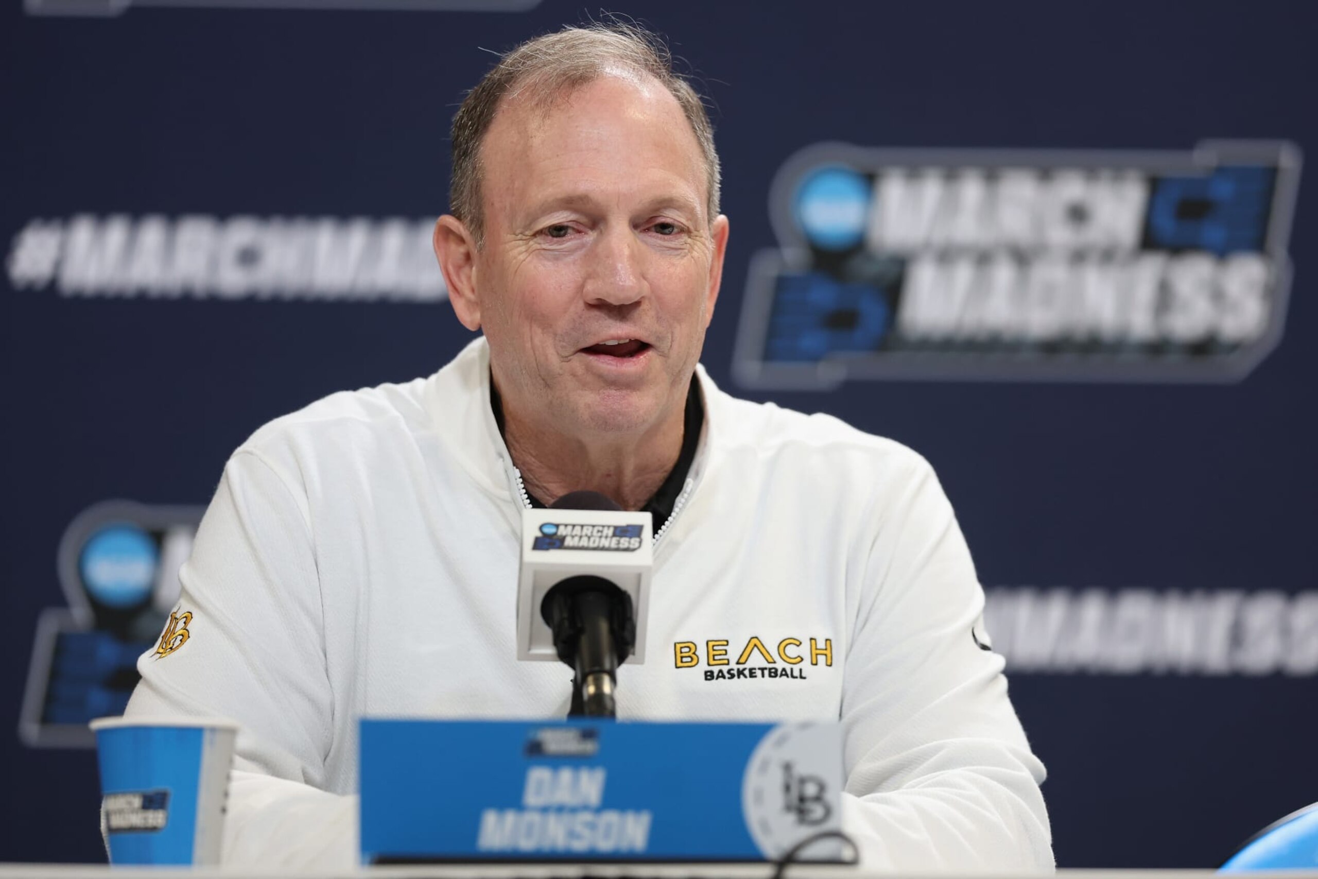 SALT LAKE CITY, UTAH - MARCH 20: Head coach Dan Monson of the Long Beach State 49ers speaks during a press conference ahead of the NCAA Men's Basketball Tournament at Delta Center on March 20, 2024 in Salt Lake City, Utah. (Photo by Christian Petersen/Getty Images) SALT LAKE CITY, UTAH - MARCH 20: Head coach Dan Monson of the Long Beach State 49ers speaks during a press conference ahead of the NCAA Men's Basketball Tournament at Delta Center on March 20, 2024 in Salt Lake City, Utah. (Photo by Christian Petersen/Getty Images)