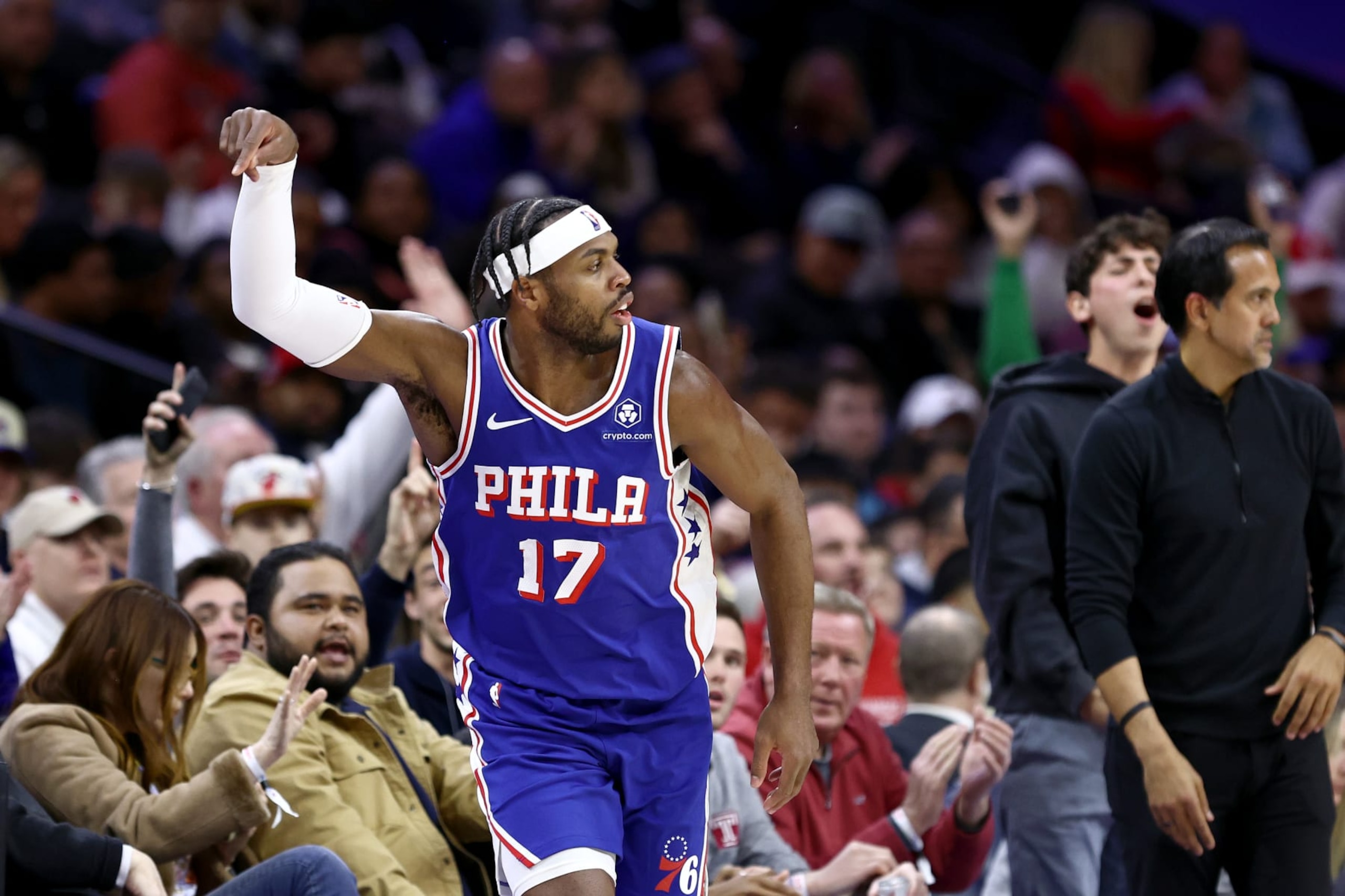 PHILADELPHIA, PENNSYLVANIA - MARCH 18: Buddy Hield #17 of the Philadelphia 76ers reacts after scoring during the third quarter against the Miami Heat at the Wells Fargo Center on March 18, 2024 in Philadelphia, Pennsylvania. NOTE TO USER: User expressly acknowledges and agrees that, by downloading and or using this photograph, User is consenting to the terms and conditions of the Getty Images License Agreement. (Photo by Tim Nwachukwu/Getty Images) PHILADELPHIA, PENNSYLVANIA - MARCH 18: Buddy Hield #17 of the Philadelphia 76ers reacts after scoring during the third quarter against the Miami Heat at the Wells Fargo Center on March 18, 2024 in Philadelphia, Pennsylvania. NOTE TO USER: User expressly acknowledges and agrees that, by downloading and or using this photograph, User is consenting to the terms and conditions of the Getty Images License Agreement. (Photo by Tim Nwachukwu/Getty Images)