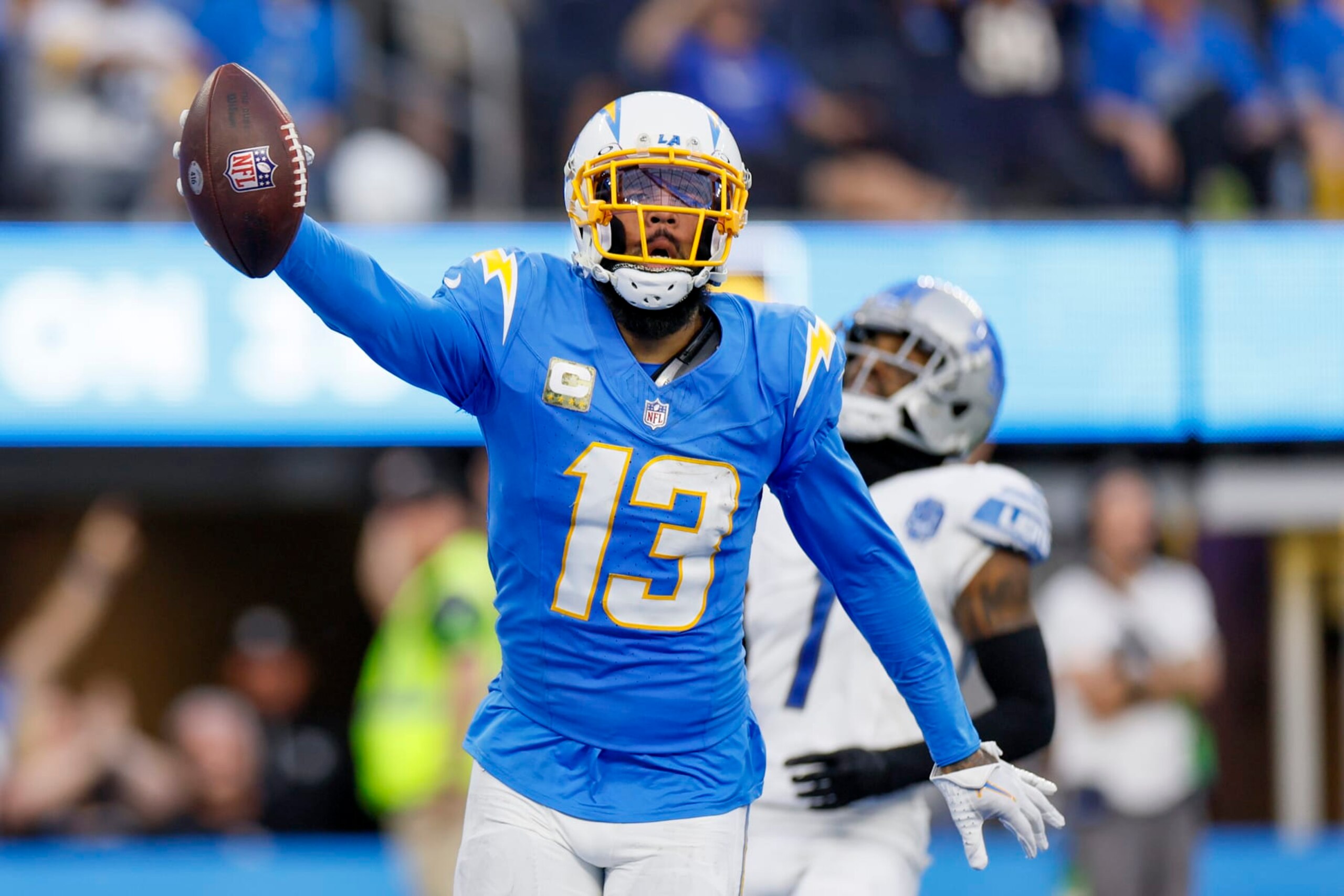 Inglewood, CA, Sunday, November 12, 2023 - Los Angeles Chargers wide receiver Keenan Allen (13) celebrates after scoring a fourth quarter touchdown against the Detroit Lions at SoFi Stadium. (Robert Gauthier/Los Angeles Times via Getty Images) Inglewood, CA, Sunday, November 12, 2023 - Los Angeles Chargers wide receiver Keenan Allen (13) celebrates after scoring a fourth quarter touchdown against the Detroit Lions at SoFi Stadium. (Robert Gauthier/Los Angeles Times via Getty Images)