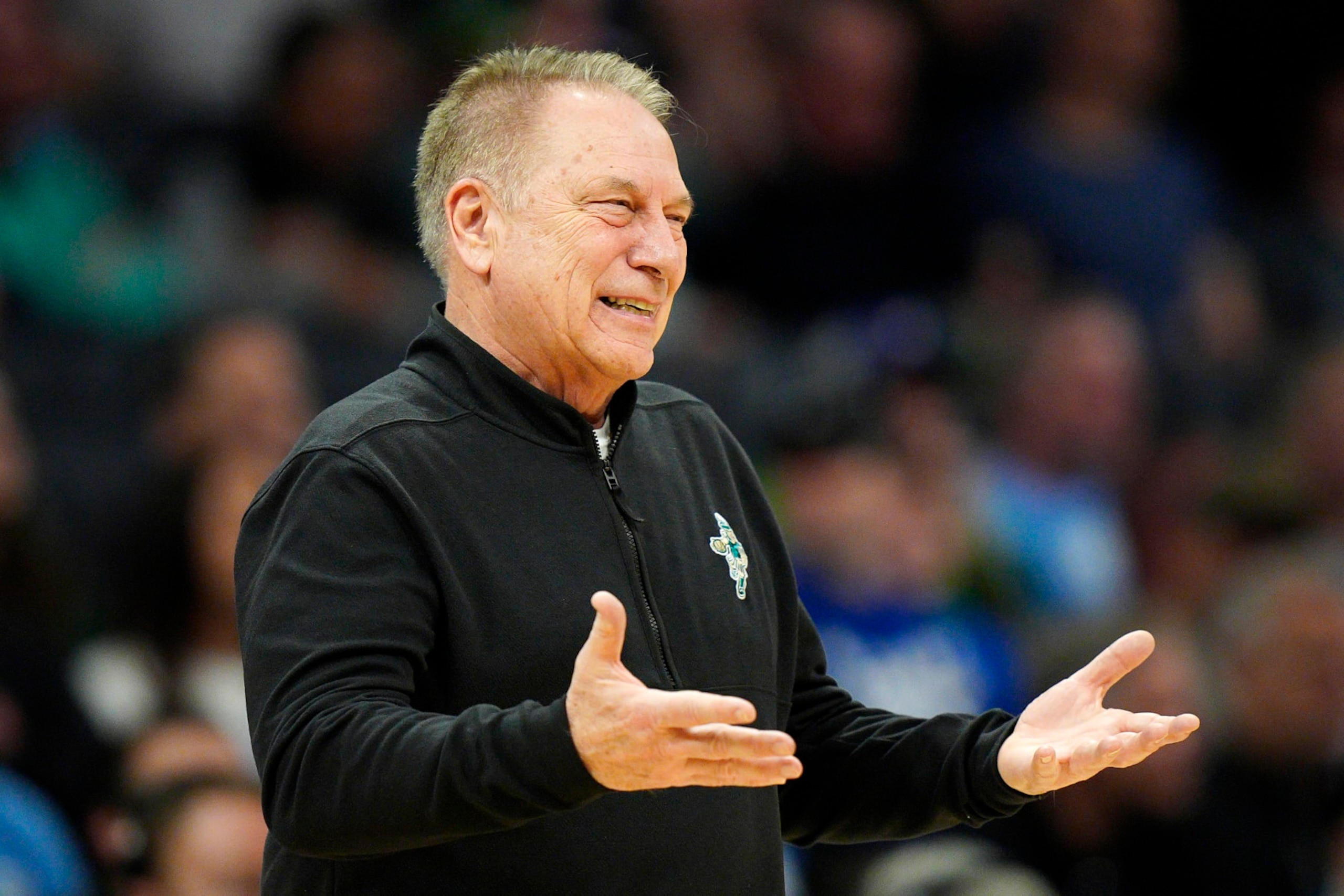 CHARLOTTE, NORTH CAROLINA - MARCH 21: Head coach Tom Izzo of the Michigan State Spartans reacts against the Mississippi State Bulldogs during the first half in the first round of the NCAA Men's Basketball Tournament at Spectrum Center on March 21, 2024 in Charlotte, North Carolina. (Photo by Jacob Kupferman/Getty Images)