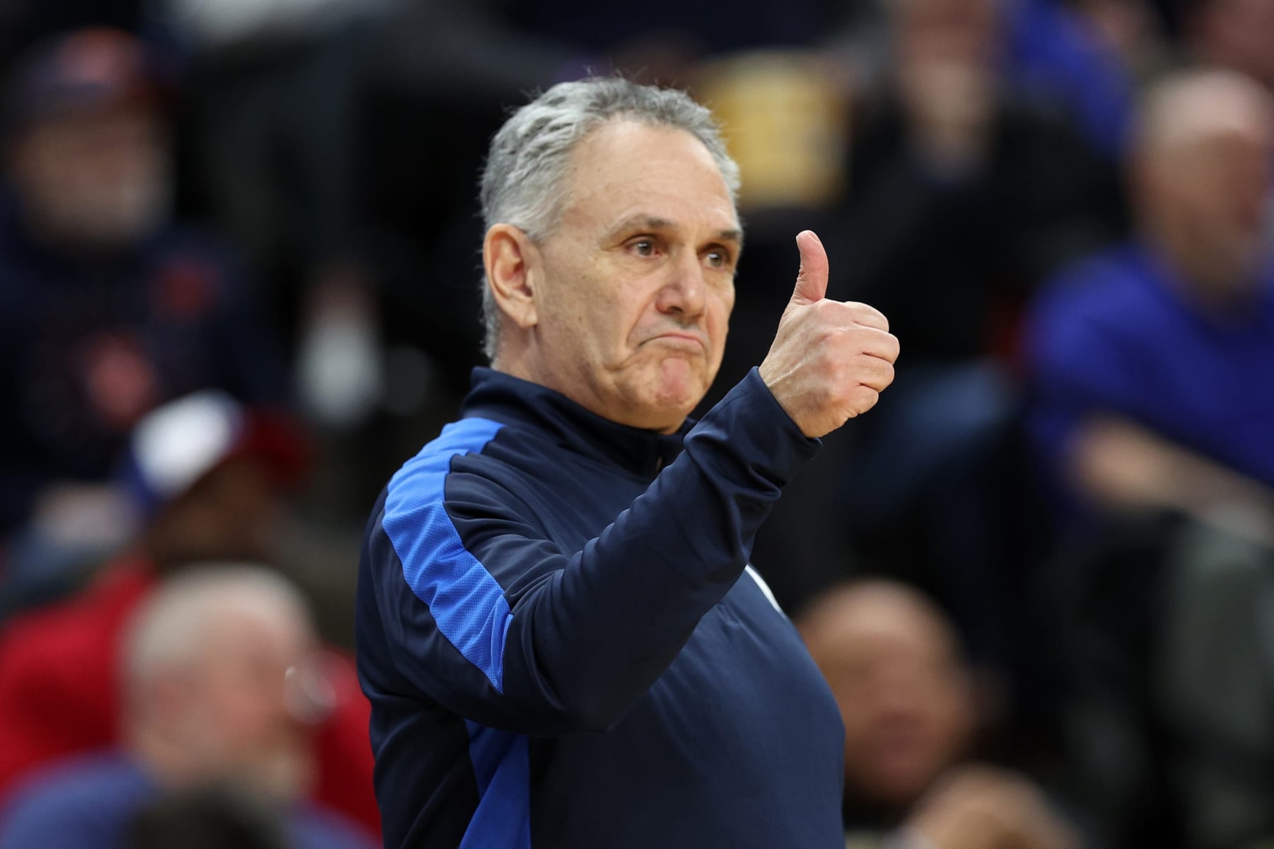 OMAHA, NEBRASKA - MARCH 21: Head Coach Keith Dambrot of the Duquesne Dukes looks on during the game against the Brigham Young Cougars in the first round of the NCAA Men's Basketball Tournament at CHI Health Center on March 21, 2024 in Omaha, Nebraska. (Photo by Jamie Squire/Getty Images)