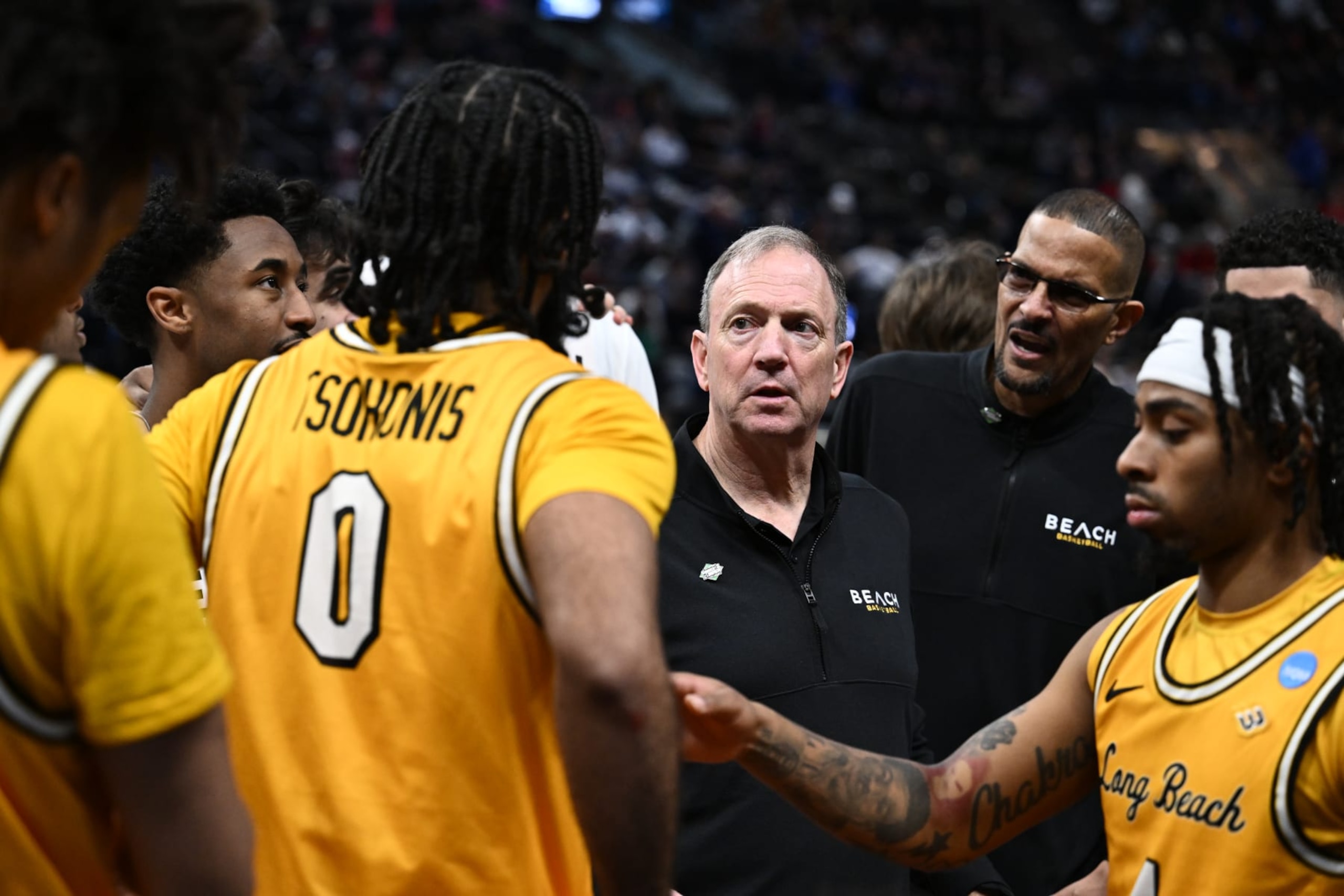 SALT LAKE CITY, UTAH - MARCH 21: Head coach Dan Monson of the Long Beach State 49ers speaks to his team in a timeout during the first round of the 2024 NCAA Men's Basketball Tournament held at Delta Center on March 21, 2024 in Salt Lake City, Utah. (Photo by Simon Asher/NCAA Photos via Getty Images)