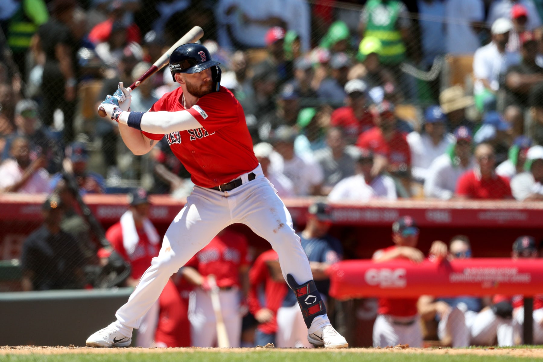 SANTO DOMINGO, DOMINICAN REPUBLIC - MARCH 10: Trevor Story #10 of the Boston Red Sox at bat during the first inning against the Tampa Bay Rays at Estadio Quisqueya on March 10, 2024 in Santo Domingo, Dominican Republic.  (Photo by Bryan Bennett/Getty Images)