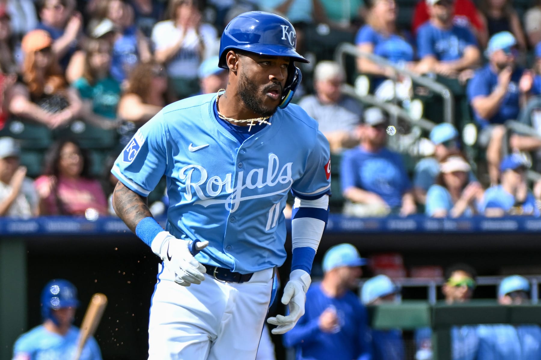 SURPRISE, ARIZONA - FEBRUARY 24, 2024: Maikel Garcia #11 of the Kansas City Royals runs out a single during the first inning of a spring training game against the Texas Rangers at Surprise Stadium on February 24, 2024 in Surprise, Arizona. (Photo by David Durochik/Diamond Images via Getty Images)