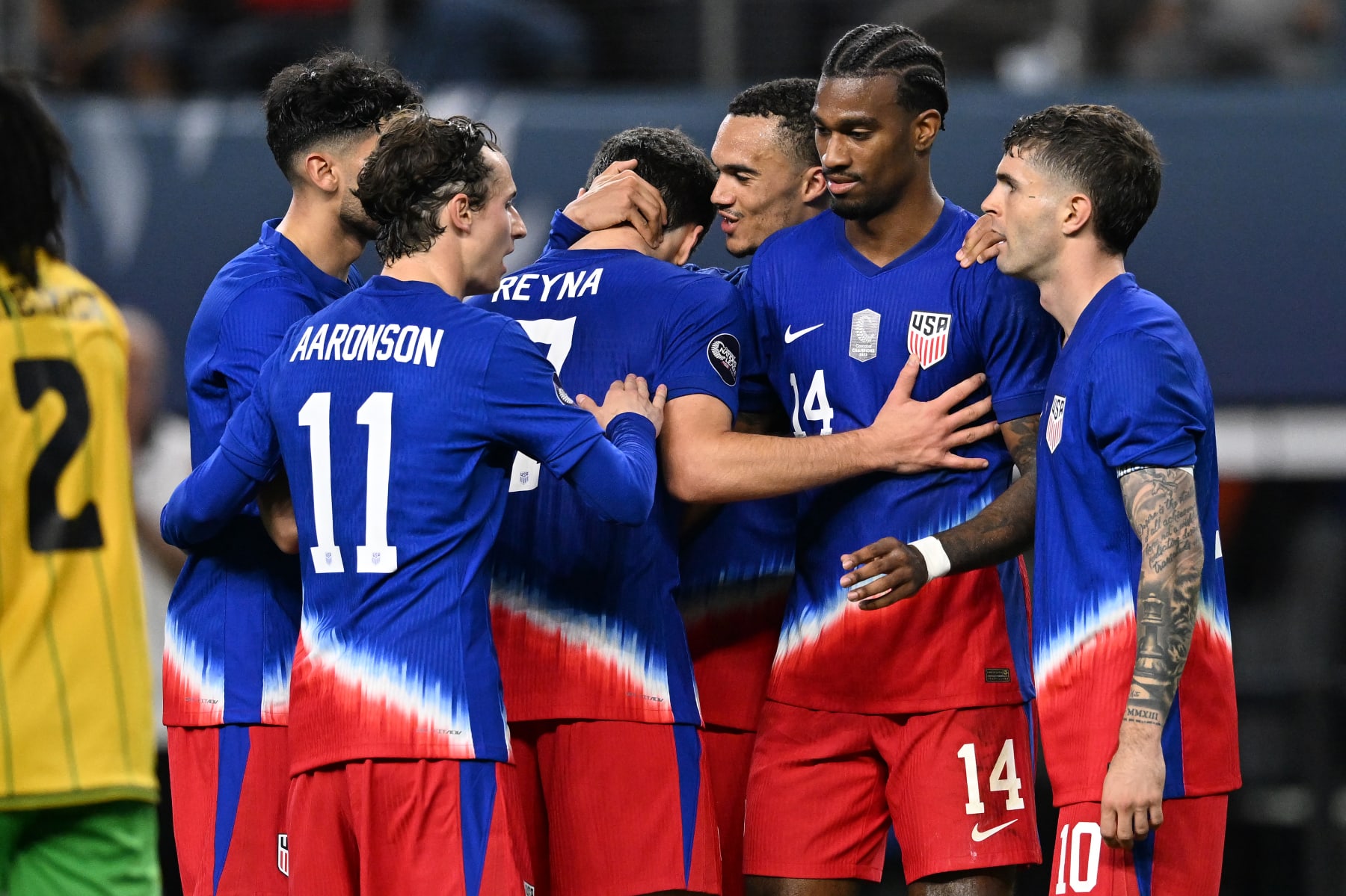 ARLINGTON, TEXAS - MARCH 21: Haji Wright #14 of the United States celebrates scoring with teammates during extra time against Jamaica during the Concacaf Nations League semifinal match at AT&T Stadium on March 21, 2024 in Arlington, Texas.  (Photo by Stephen Nadler/ISI Photos/USSF/Getty Images for USSF)