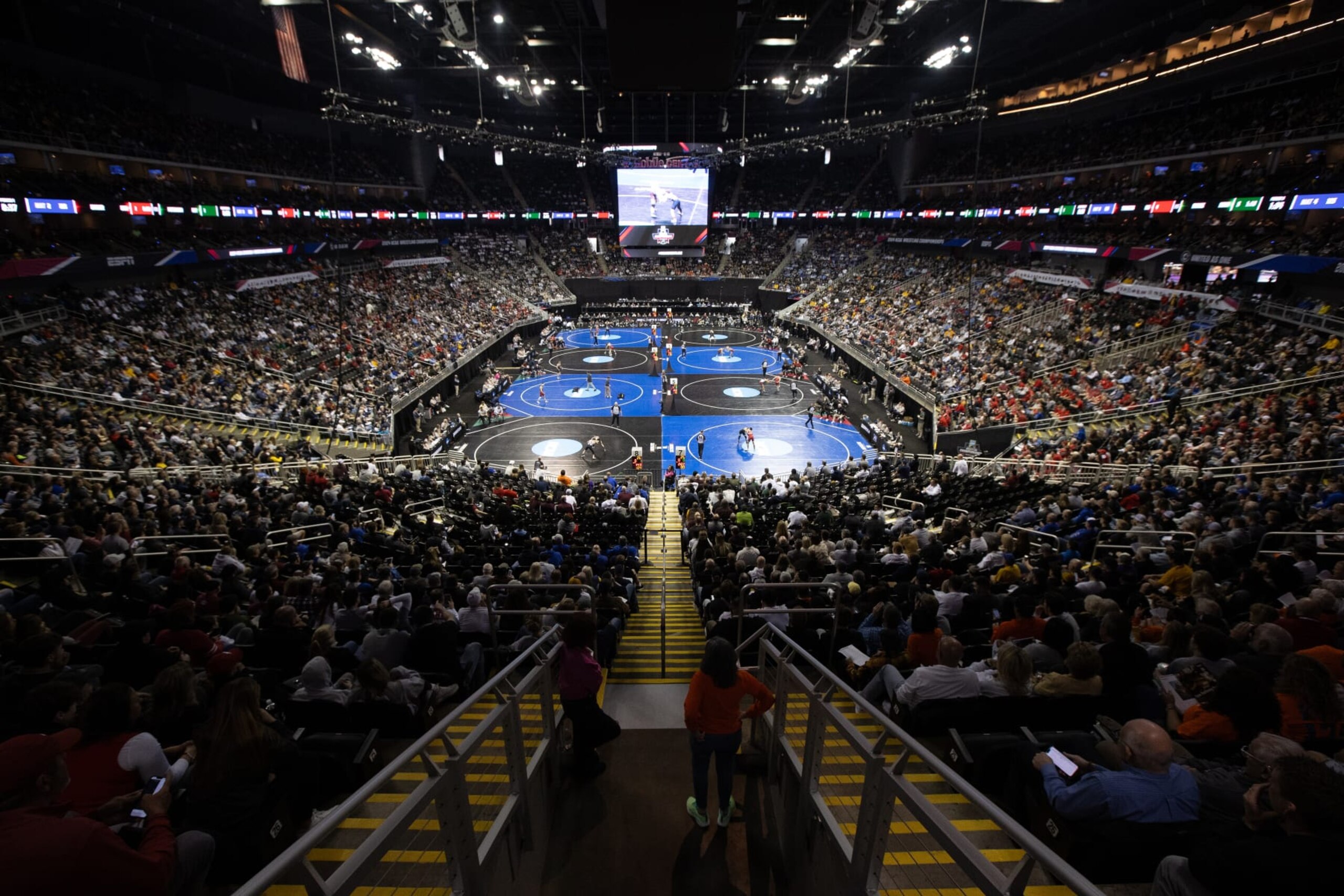 KANSAS CITY, MISSOURI - MARCH 21: Athletes compete during the Division I Men's Wrestling Championship held at T-Mobile Center on March 21, 2024 in Kansas City, Missouri. (Photo by Evert Nelson/NCAA Photos via Getty Images)