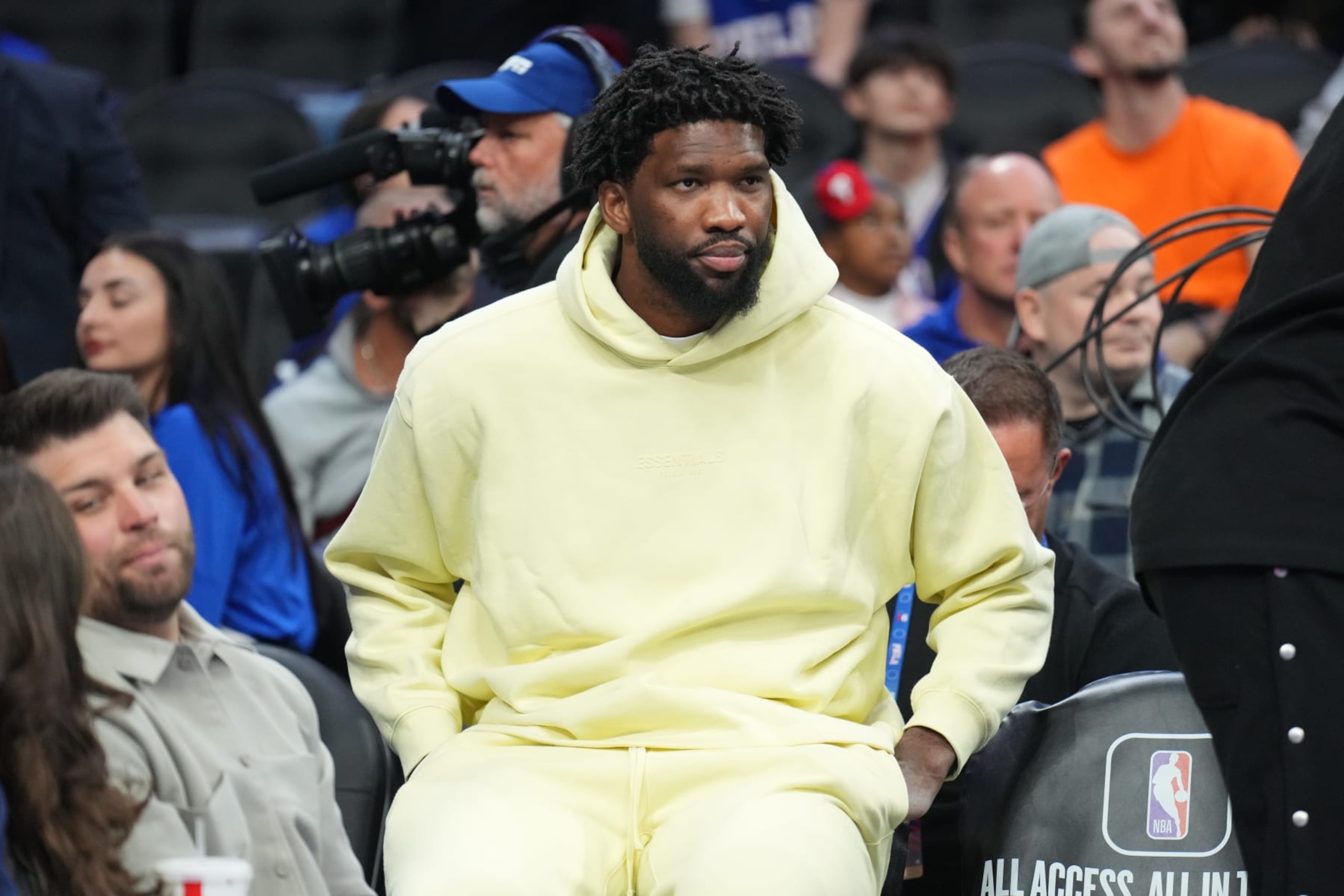 PHILADELPHIA, PA - FEBRUARY 25: Joel Embiid #21 of the Philadelphia 76ers looks on during the game against the Milwaukee Bucks on February 25, 2024 at the Wells Fargo Center in Philadelphia, Pennsylvania NOTE TO USER: User expressly acknowledges and agrees that, by downloading and/or using this Photograph, user is consenting to the terms and conditions of the Getty Images License Agreement. Mandatory Copyright Notice: Copyright 2024 NBAE (Photo by Jesse D. Garrabrant/NBAE via Getty Images)