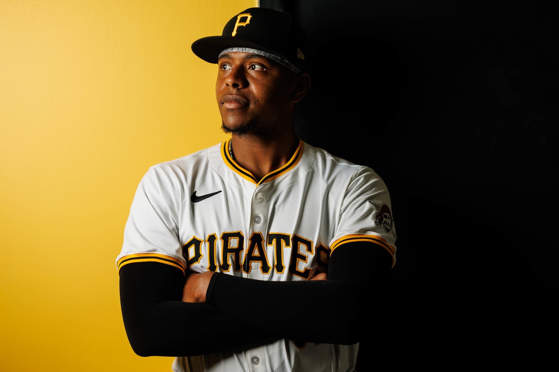 BRADENTON, FL - FEBRUARY 20: Ke'Bryan Hayes #13 of the Pittsburgh Pirates poses for a photo during the Pittsburgh Pirates Photo Day at LECOM Park on Tuesday, February 20, 2024 in Bradenton, Florida. (Photo by Mike Carlson/MLB Photos via Getty Images)