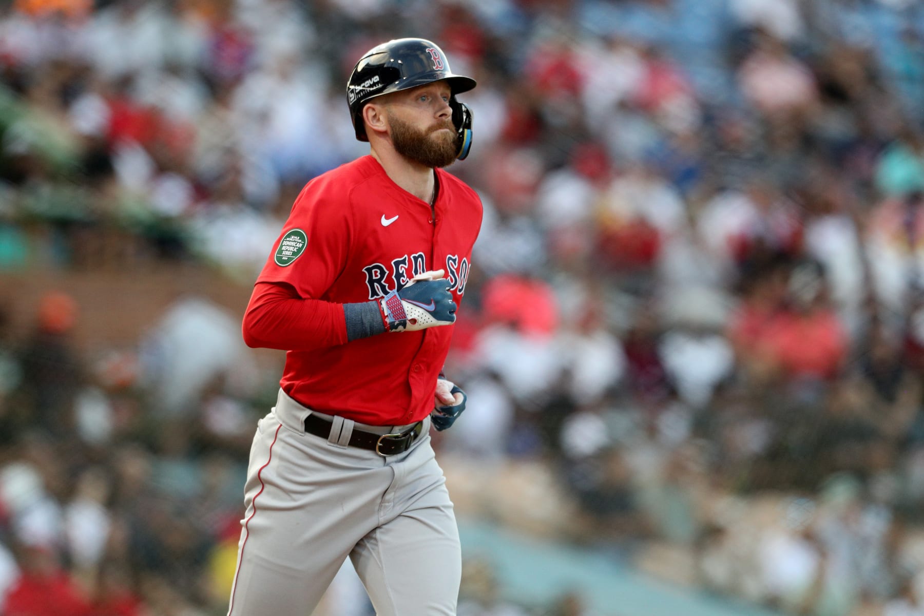 SANTO DOMINGO, DOMINICAN REPUBLIC - MARCH 09: Trevor Story #10 of the Boston Red Sox walks during the first inning against the Tampa Bay Rays at Estadio Quisqueya on March 09, 2024 in Santo Domingo, Dominican Republic. (Photo by Bryan M. Bennett/Getty Images)