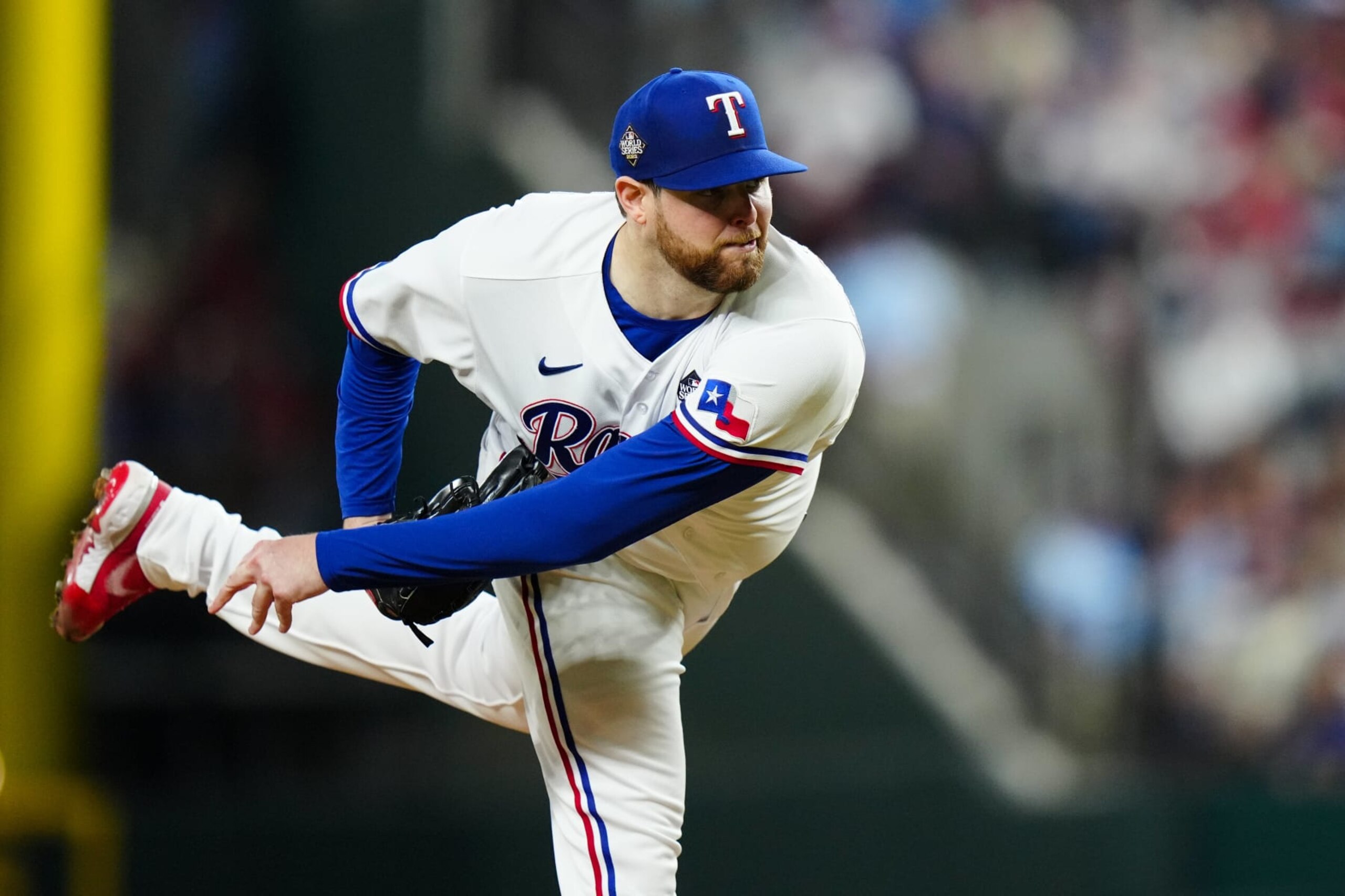 ARLINGTON, TX - OCTOBER 28: Jordan Montgomery #52 of the Texas Rangers pitches during Game 2 of the 2023 World Series between the Arizona Diamondbacks and the Texas Rangers at Globe Life Field on Saturday, October 28, 2023 in Arlington, Texas. (Photo by Daniel Shirey/MLB Photos via Getty Images) ARLINGTON, TX - OCTOBER 28: Jordan Montgomery #52 of the Texas Rangers pitches during Game 2 of the 2023 World Series between the Arizona Diamondbacks and the Texas Rangers at Globe Life Field on Saturday, October 28, 2023 in Arlington, Texas. (Photo by Daniel Shirey/MLB Photos via Getty Images)