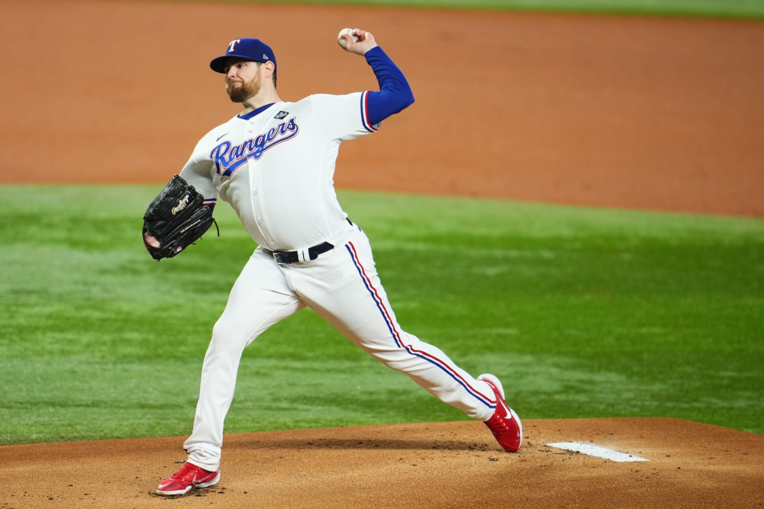 ARLINGTON, TX - OCTOBER 28: Jordan Montgomery #52 of the Texas Rangers pitches during Game 2 of the 2023 World Series between the Arizona Diamondbacks and the Texas Rangers at Globe Life Field on Saturday, October 28, 2023 in Arlington, Texas. (Photo by Cooper Neill/MLB Photos via Getty Images) ARLINGTON, TX - OCTOBER 28: Jordan Montgomery #52 of the Texas Rangers pitches during Game 2 of the 2023 World Series between the Arizona Diamondbacks and the Texas Rangers at Globe Life Field on Saturday, October 28, 2023 in Arlington, Texas. (Photo by Cooper Neill/MLB Photos via Getty Images)