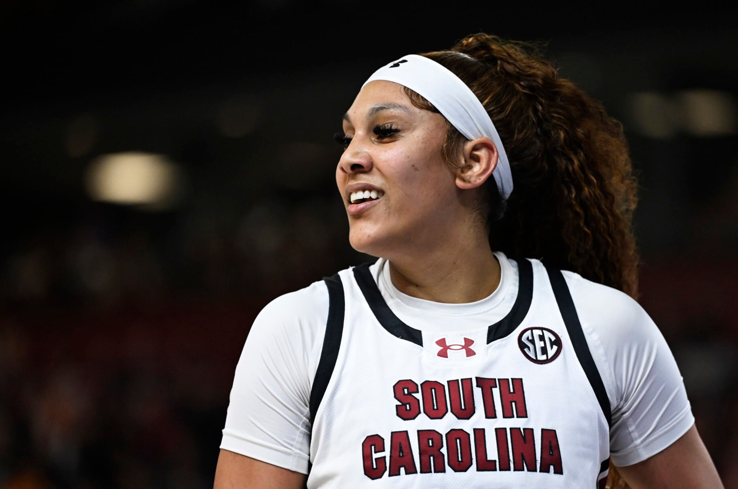 GREENVILLE, SOUTH CAROLINA - MARCH 10: Kamilla Cardoso #10 of the South Carolina Gamecocks looks on against the LSU Lady Tigers in the first quarter during the championship game of the SEC Women's Basketball Tournament at Bon Secours Wellness Arena on March 10, 2024 in Greenville, South Carolina. (Photo by Eakin Howard/Getty Images)