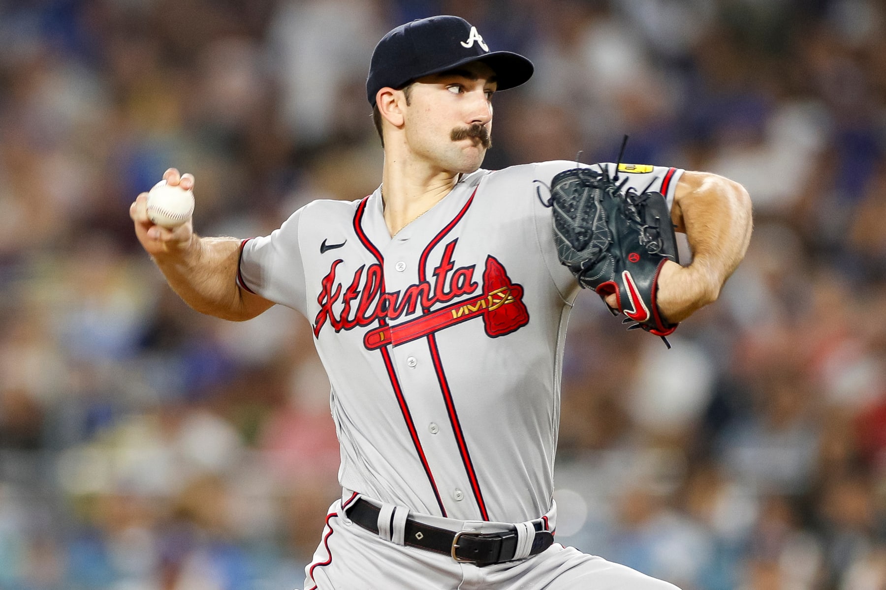 LOS ANGELES, CALIFORNIA - AUGUST 31: Spencer Strider #99 of the Atlanta Braves throws a pitch during the sixth inning against the Los Angeles Dodgers at Dodger Stadium on August 31, 2023 in Los Angeles, California. (Photo by Brandon Sloter/Image Of Sport/Getty Images)