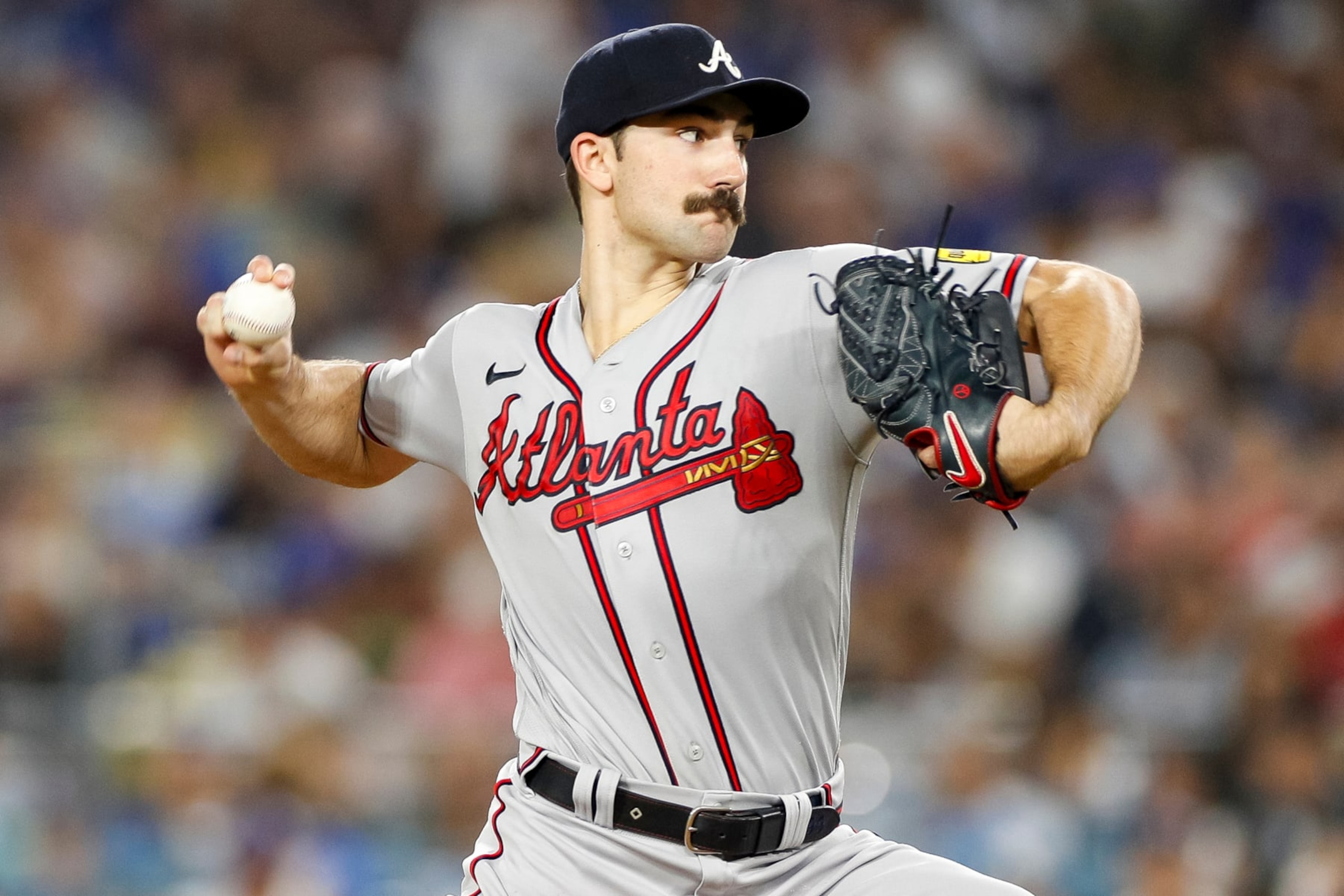LOS ANGELES, CALIFORNIA - AUGUST 31: Spencer Strider #99 of the Atlanta Braves throws a pitch during the sixth inning against the Los Angeles Dodgers at Dodger Stadium on August 31, 2023 in Los Angeles, California. (Photo by Brandon Sloter/Image Of Sport/Getty Images) LOS ANGELES, CALIFORNIA - AUGUST 31: Spencer Strider #99 of the Atlanta Braves throws a pitch during the sixth inning against the Los Angeles Dodgers at Dodger Stadium on August 31, 2023 in Los Angeles, California. (Photo by Brandon Sloter/Image Of Sport/Getty Images)