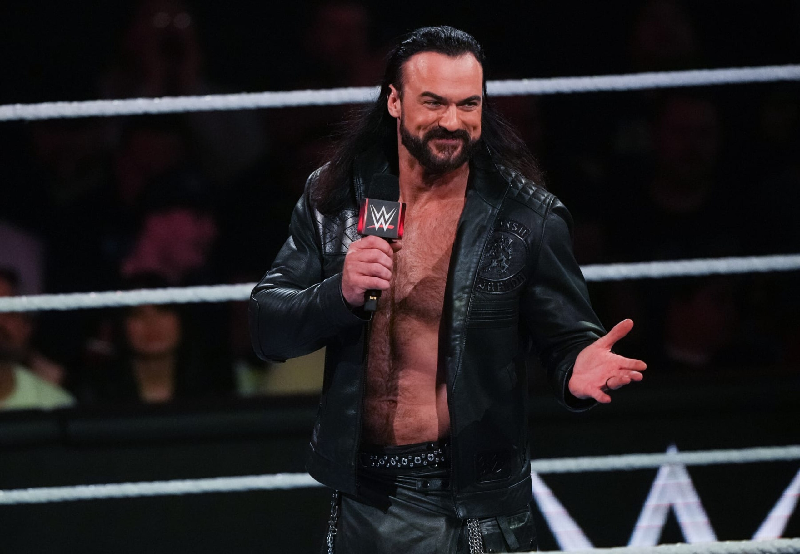 HOUSTON, TEXAS - MARCH 11: Drew McIntyre talks to the crowd during WWE Monday Night RAW at Toyota Center on March 11, 2024 in Houston, Texas. (Photo by Alex Bierens de Haan/Getty Images)