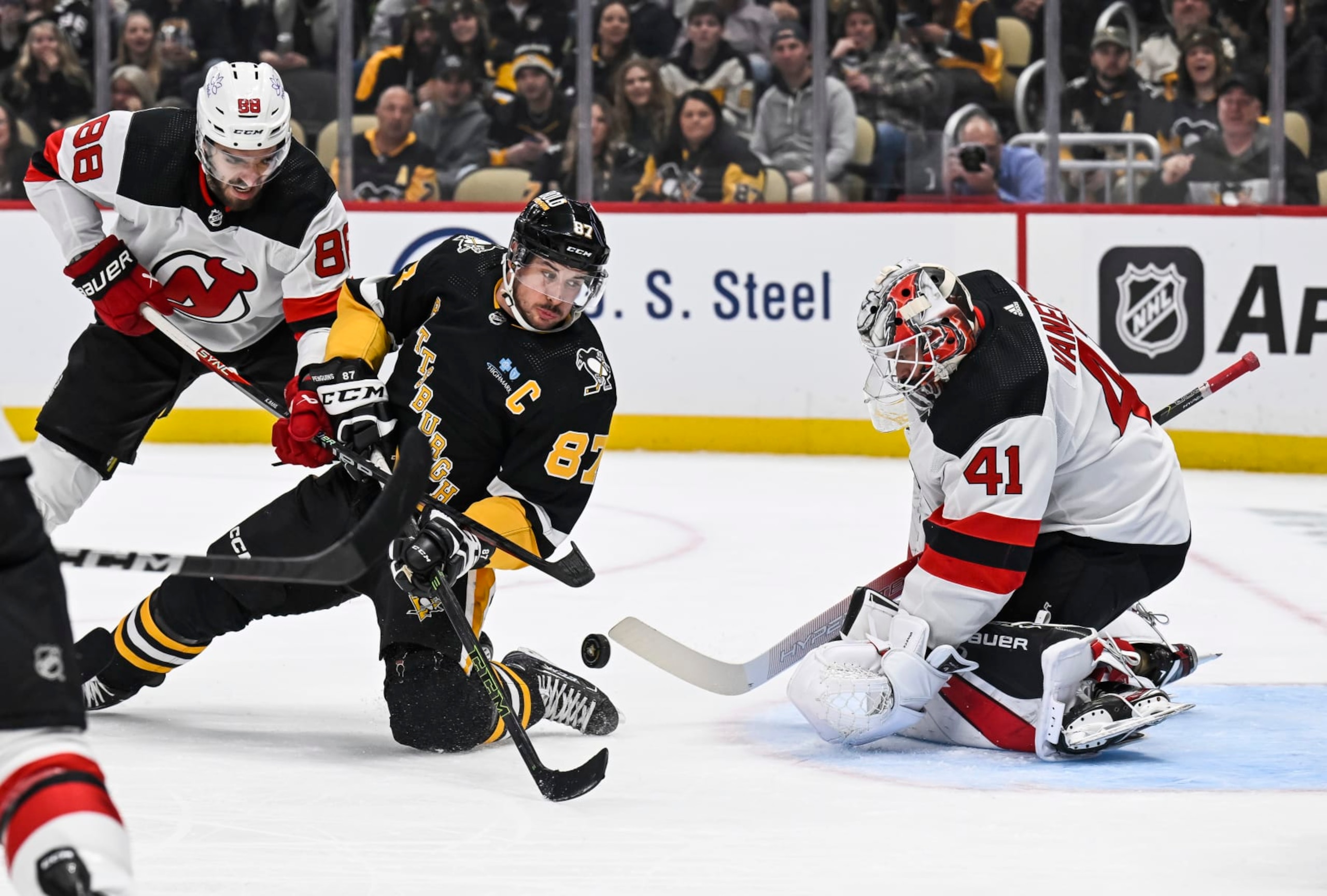 Pittsburgh Penguins captain Sidney Crosby in action against the New Jersey Devils. Pittsburgh Penguins captain Sidney Crosby in action against the New Jersey Devils.