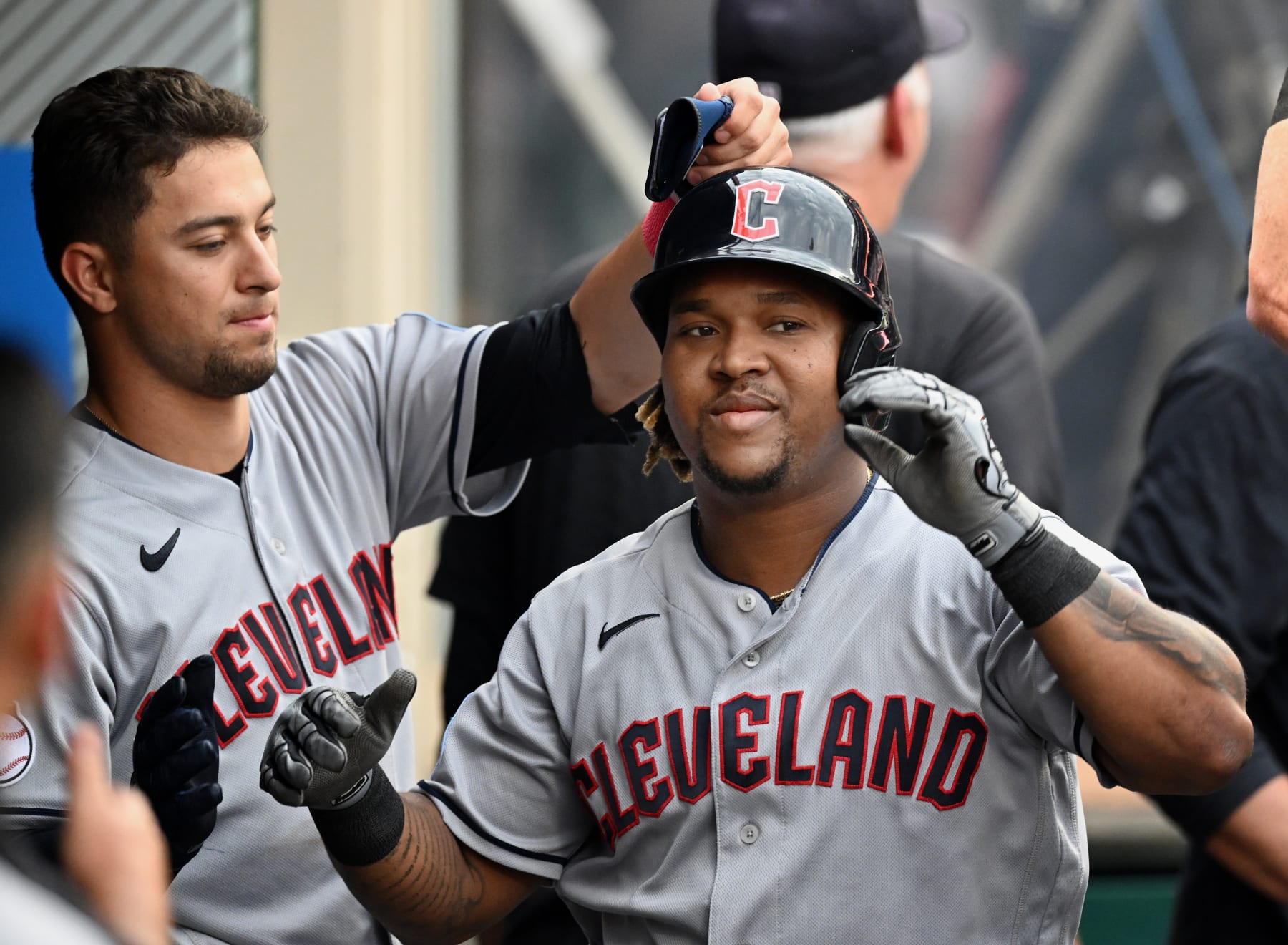 ANAHEIM, CA - SEPTEMBER 09: Cleveland Guardians designated hitter Jose Ramirez (11) in the dugout after hitting a solo home run in the first inning of an MLB baseball game against the Los Angeles Angels played on September 9, 2023 at Angel Stadium in Anaheim, CA. (Photo by John Cordes/Icon Sportswire via Getty Images)