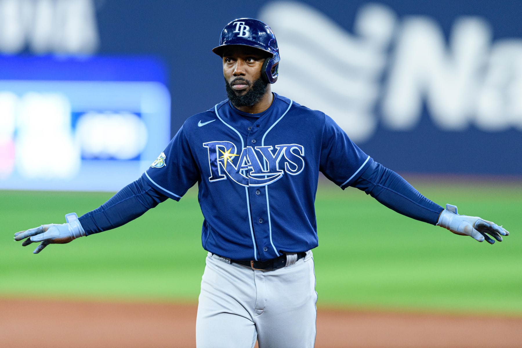 TORONTO, ON - SEPTEMBER 26: Tampa Bay Rays Outfield Randy Arozarena (56) reacts during the MLB baseball regular season game between the Tampa Bay Rays and the Toronto Blue Jays on September 29, 2023, at Rogers Centre in Toronto, ON, Canada. (Photo by Julian Avram/Icon Sportswire via Getty Images)