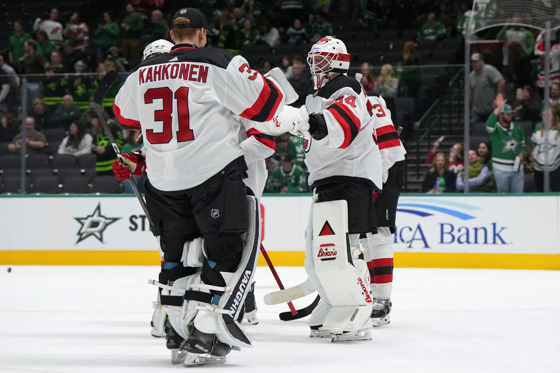 New Jersey Devils goaltenders Kaapo Kähkönen (left) and Jake Allen. 