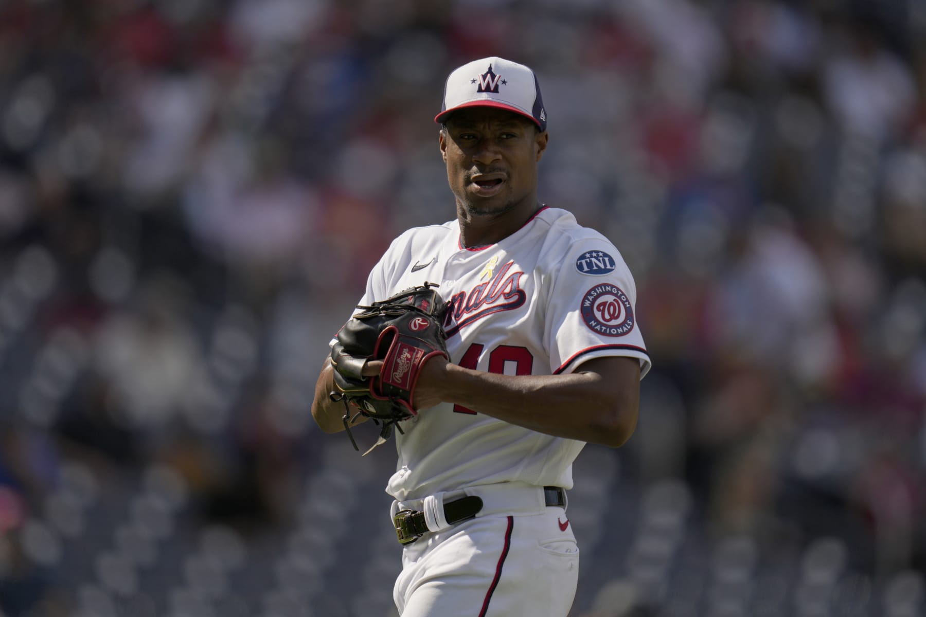 WASHINGTON, DC - SEPTEMBER 20: Josiah Gray #40 of the Washington Nationals walks to the dugout after pitching against the Chicago White Sox during the fifth inning at Nationals Park on September 20, 2023 in Washington, DC. (Photo by Jess Rapfogel/Getty Images)
