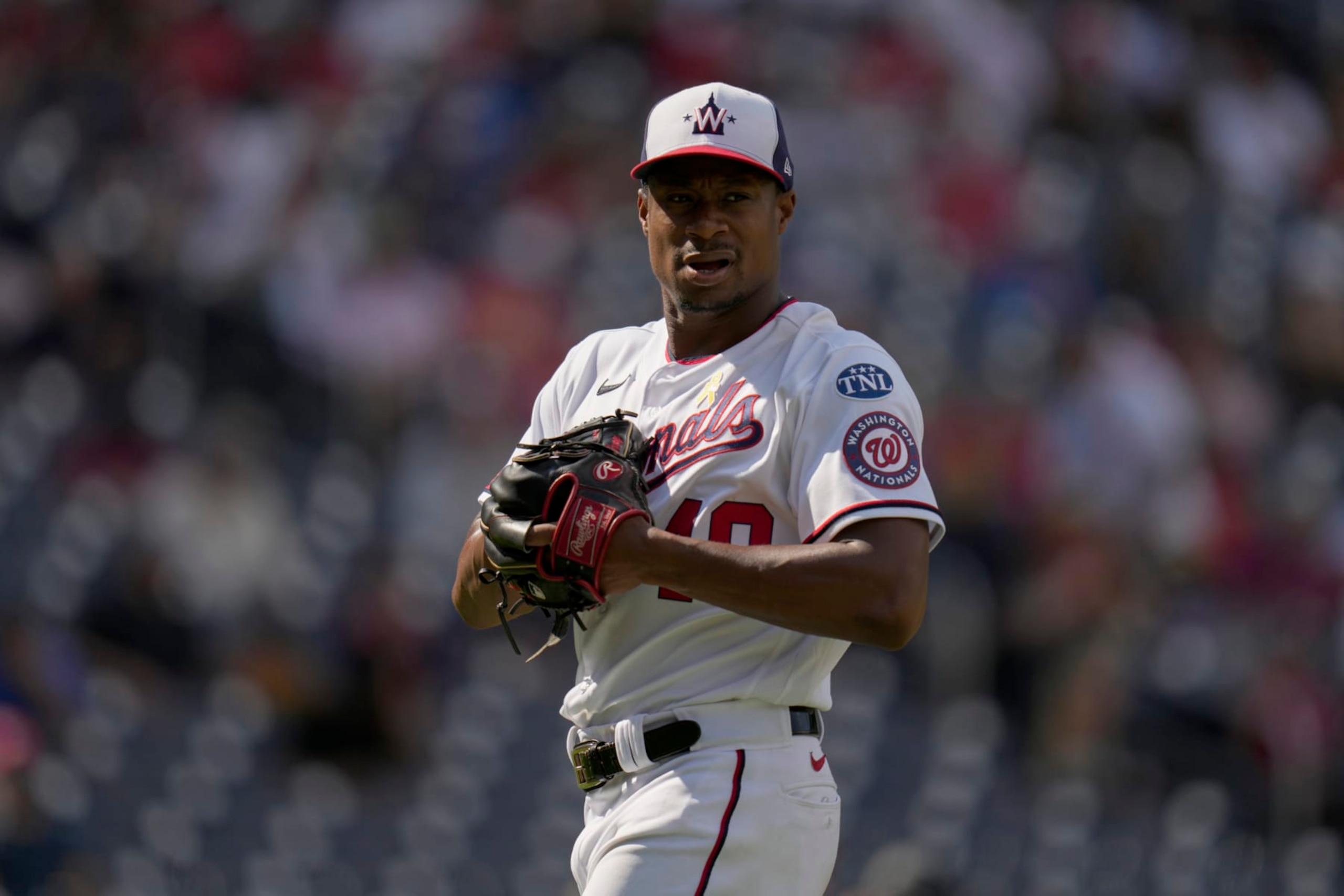 WASHINGTON, DC - SEPTEMBER 20: Josiah Gray #40 of the Washington Nationals walks to the dugout after pitching against the Chicago White Sox during the fifth inning at Nationals Park on September 20, 2023 in Washington, DC. (Photo by Jess Rapfogel/Getty Images)